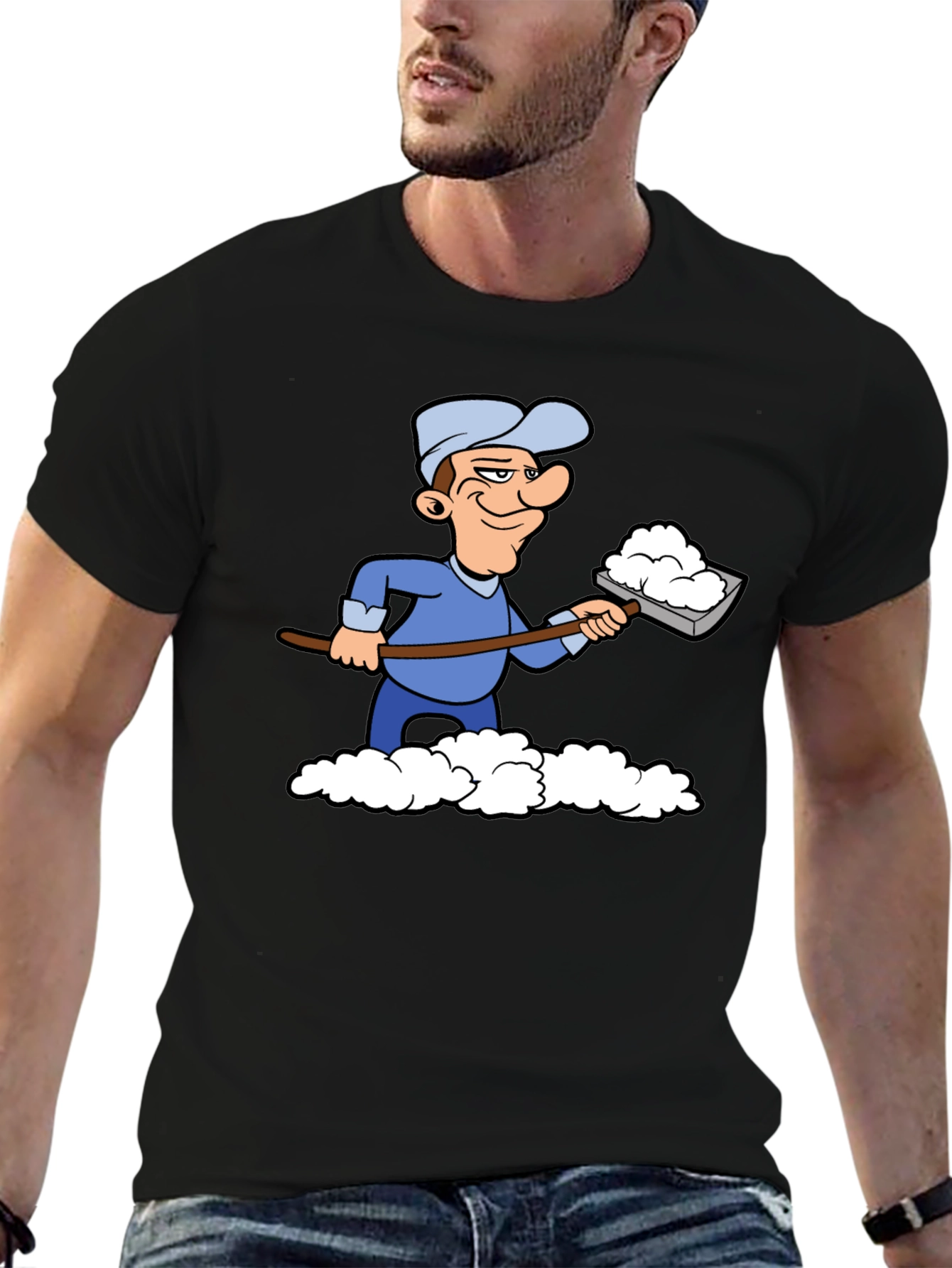 Black Funny Snow Shoveler Cartoon Black T-Shirt view 6