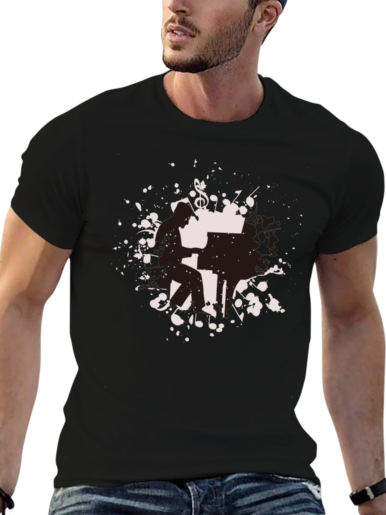 Black Piano Player Graphic Tee - Black Cotton Shirt view 6