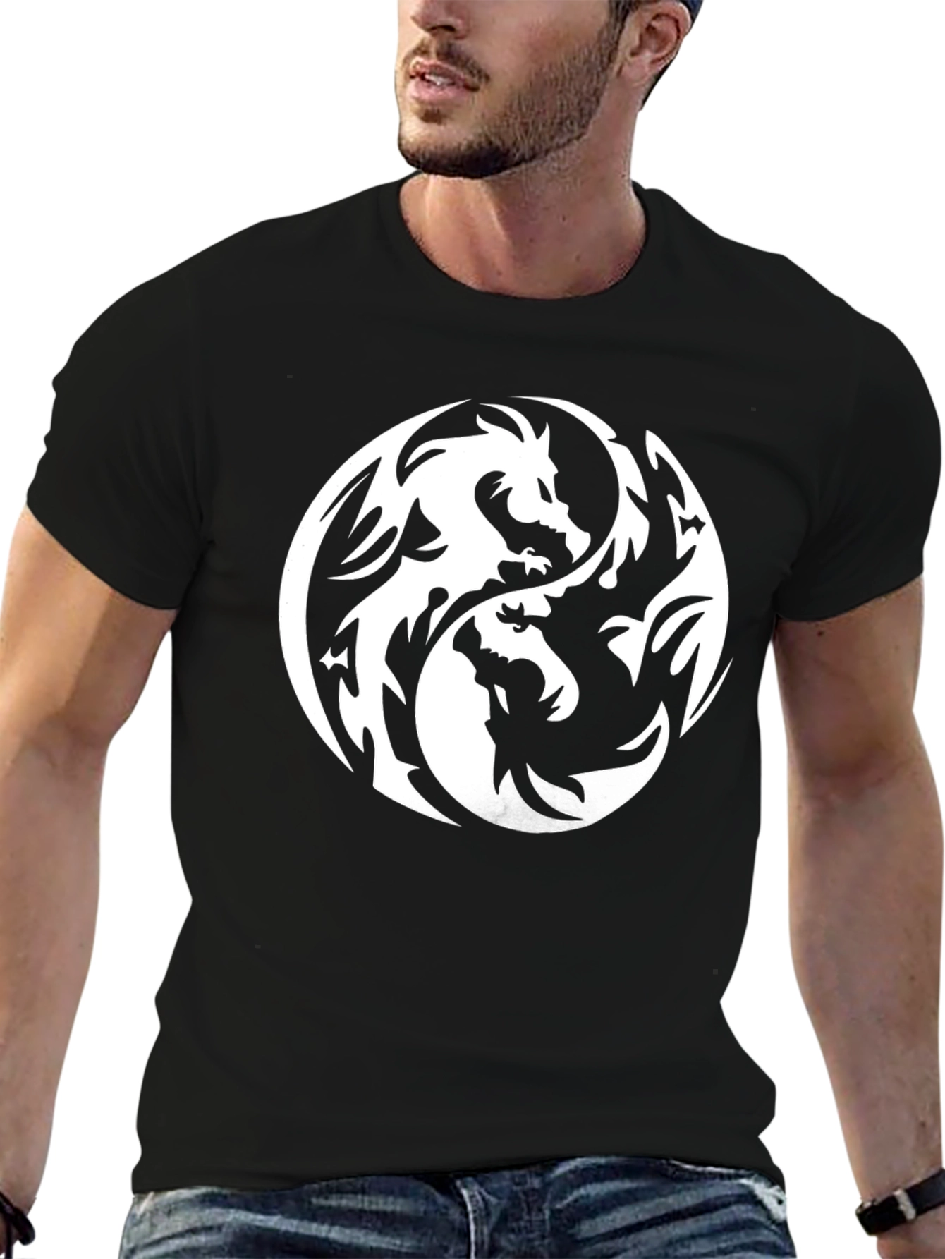 Black Yin Yang Dragon Graphic Tee - Black Cotton T-Shirt view 6