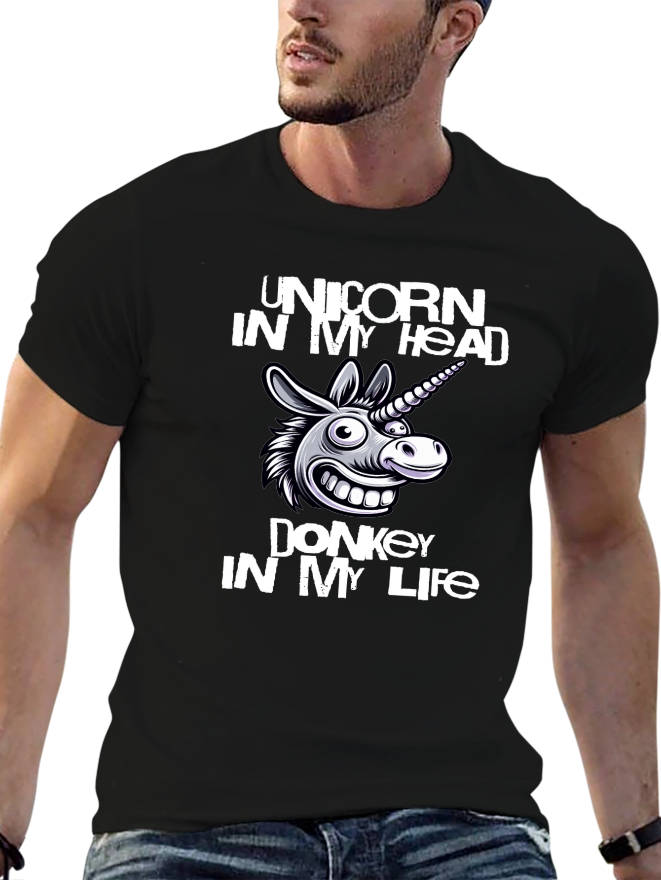 Black Unicorn Donkey Graphic Tee - Men's Black Cotton T-Shirt view 6