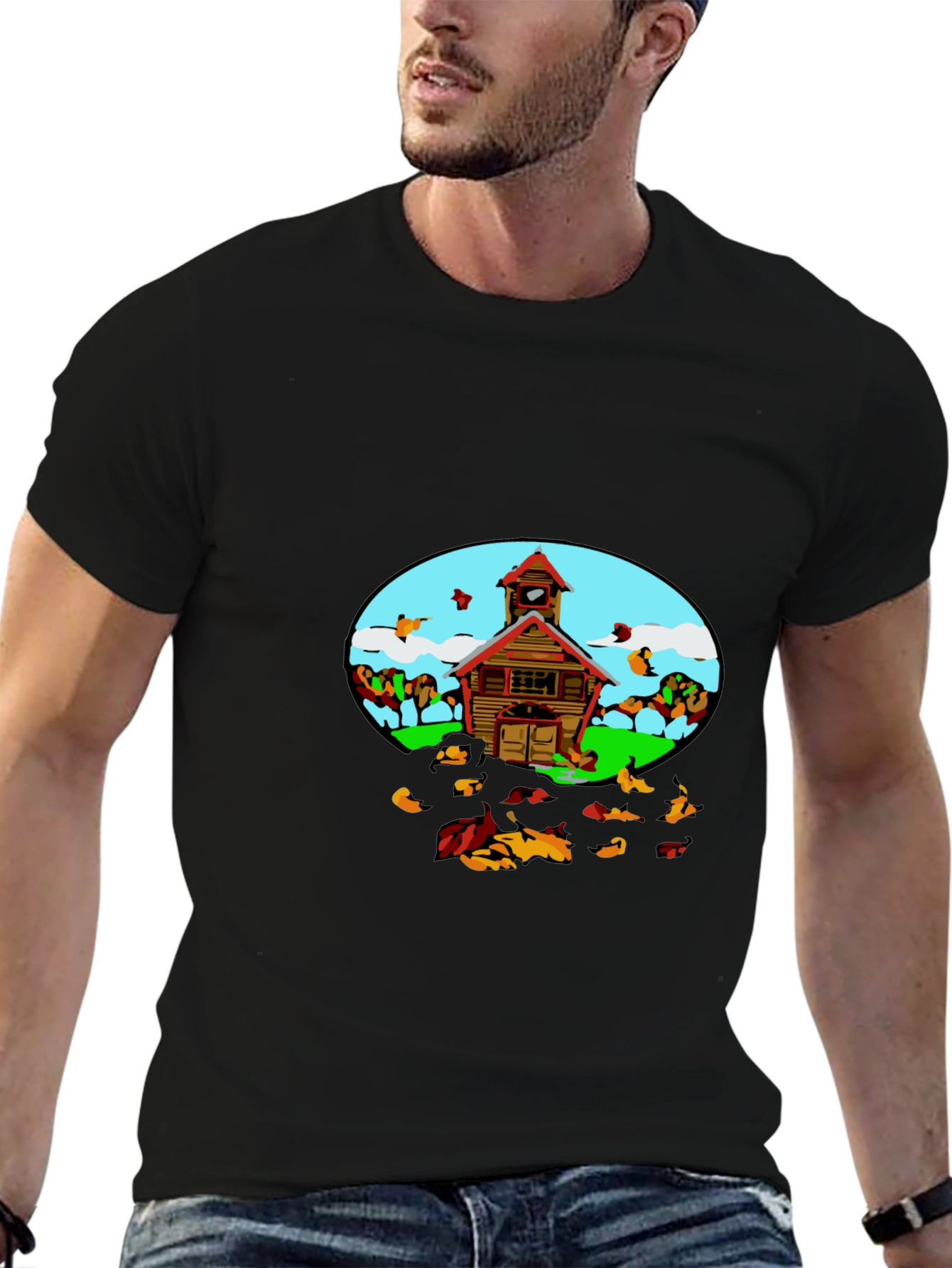 Black Cartoon Schoolhouse T-Shirt - Fun Graphic Tee view 6