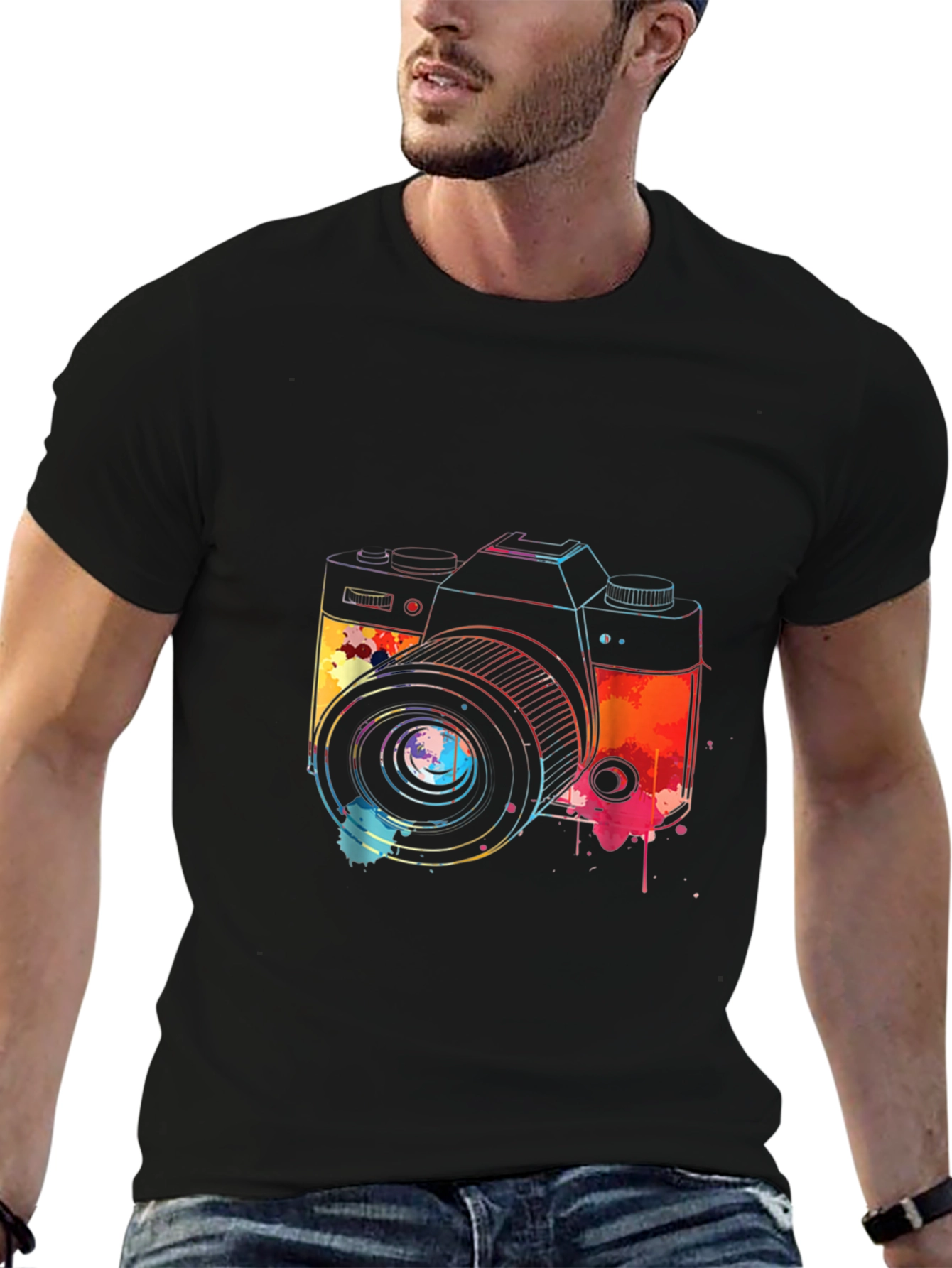 Black Watercolor Camera Graphic T-Shirt view 6