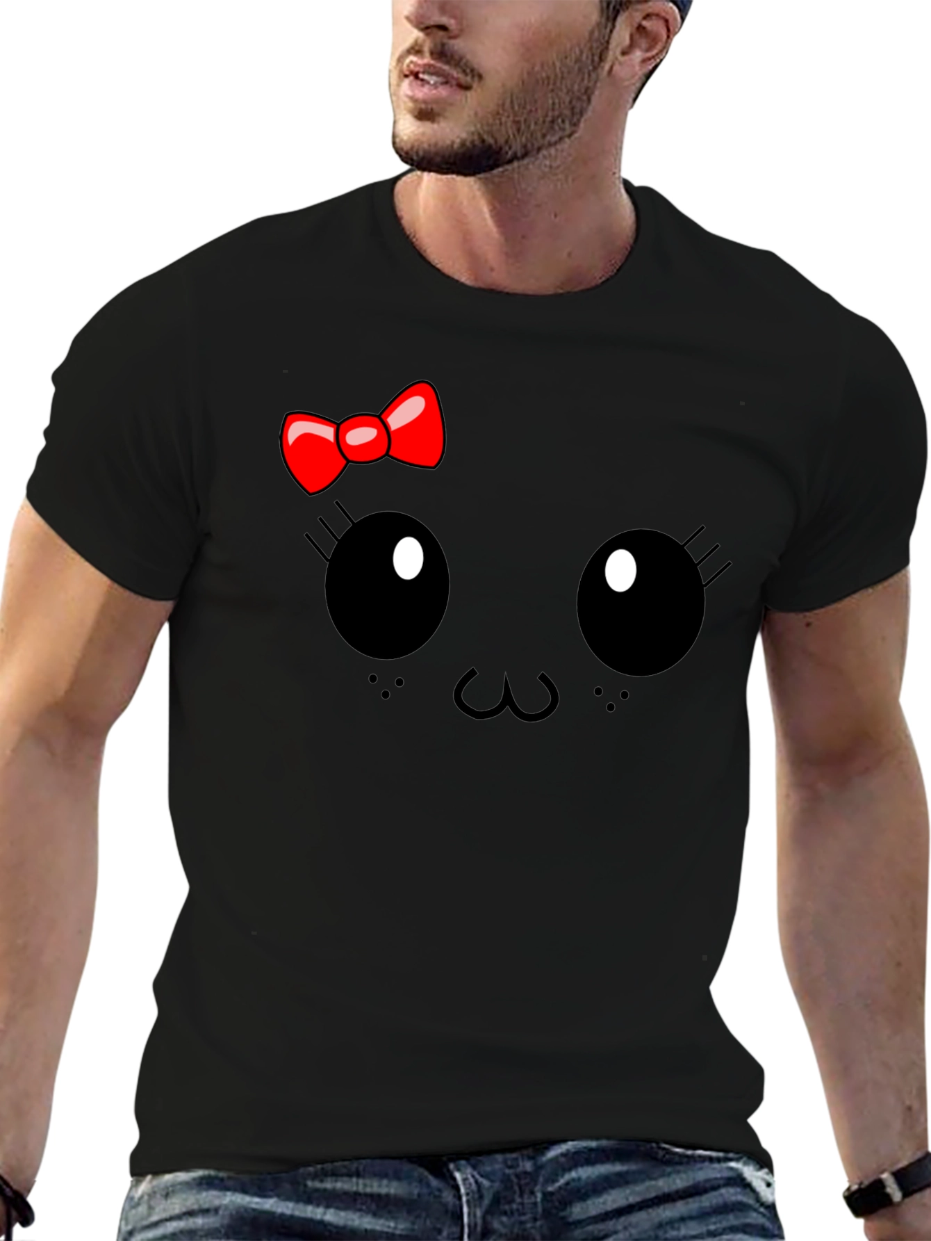 Black Cute Cartoon Face Black T-Shirt view 6