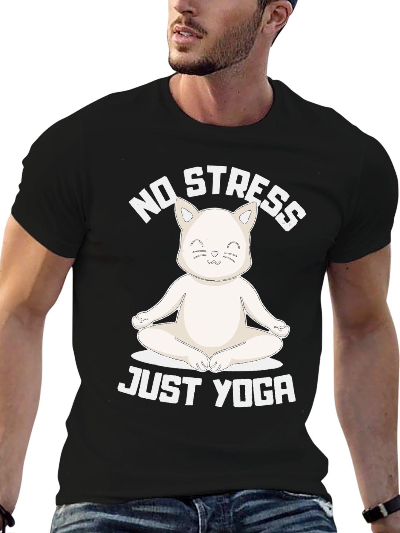 Black No Stress Just Yoga Cat T-Shirt view 6