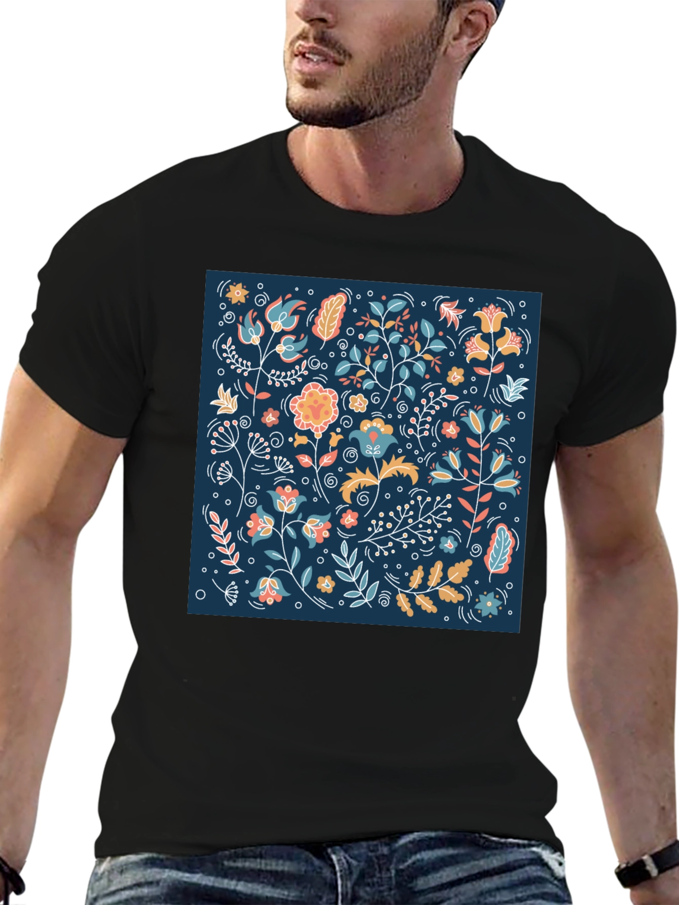 Black Floral Pattern Black T-Shirt view 6