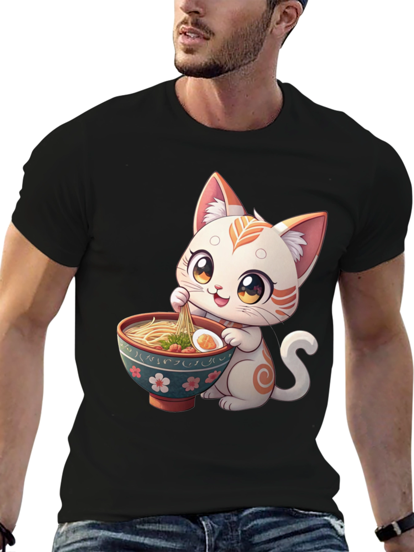 Black Cute Cat Ramen T-Shirt - Kawaii Kitten Eating Noodles Tee view 6