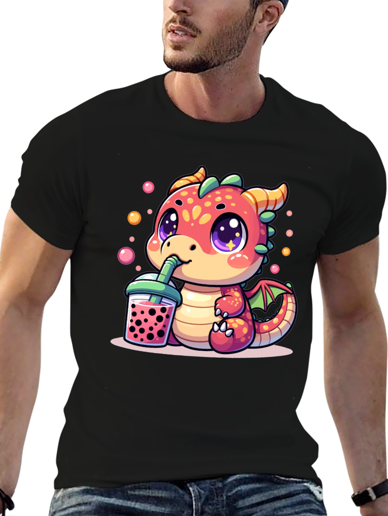 Black Cute Dragon Boba Tea T-Shirt view 6