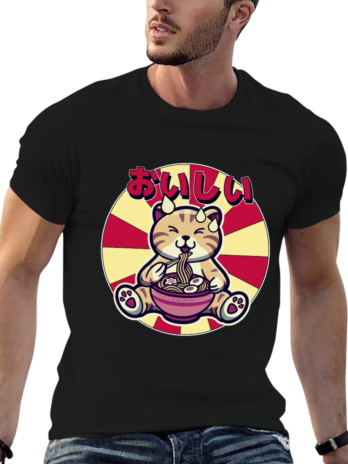 Black Cute Ramen Cat T-Shirt - Delicious Graphic Tee view 6