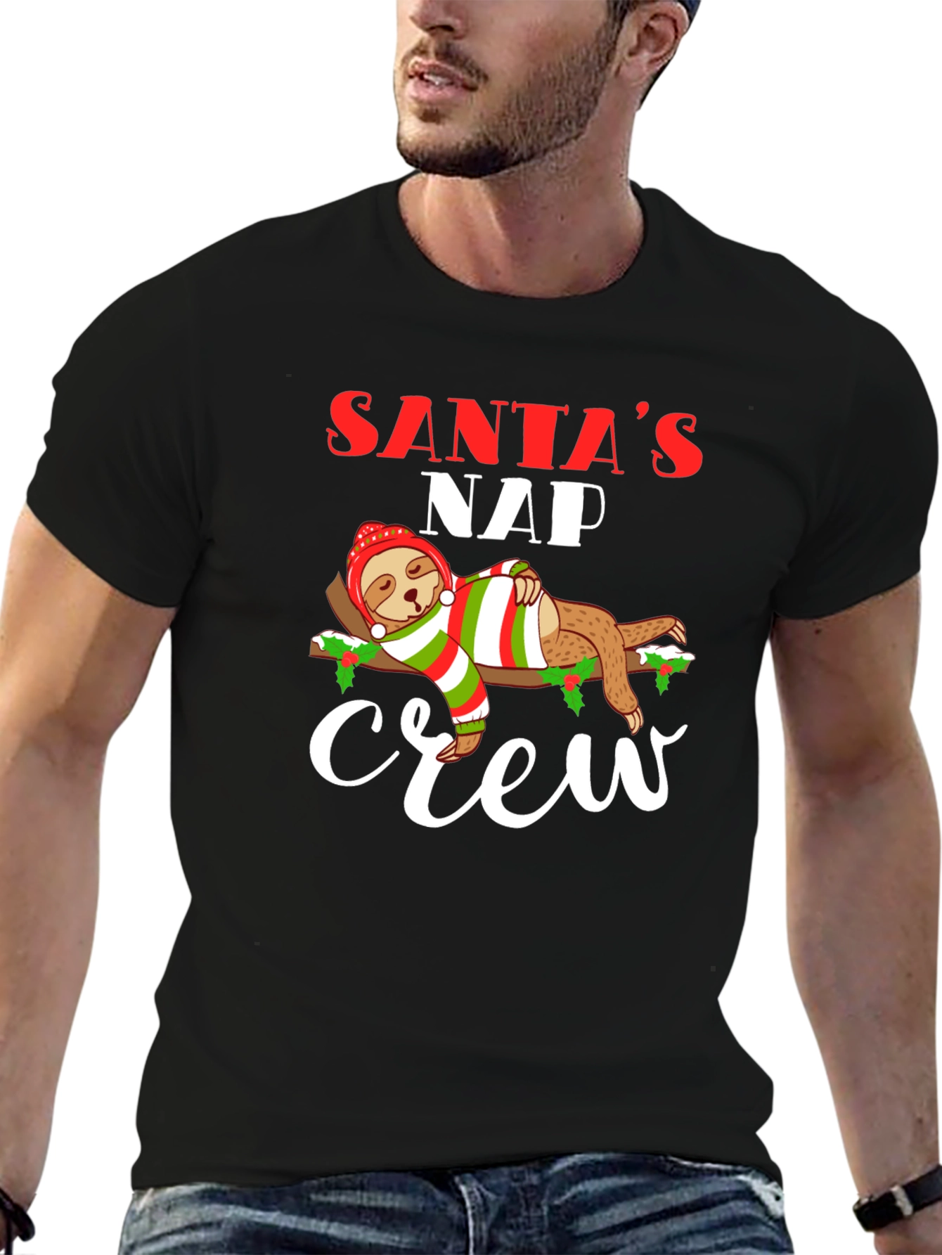 Black Santa's Nap Crew Sloth Christmas T-Shirt view 6