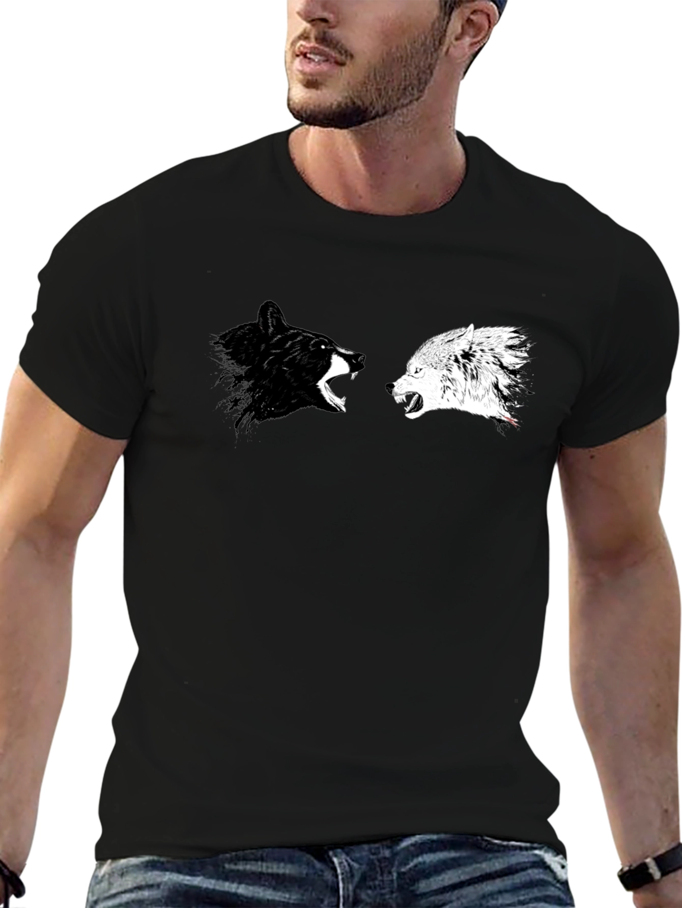 Black Yin Yang Wolves Graphic Tee - Black Cotton T-Shirt view 6