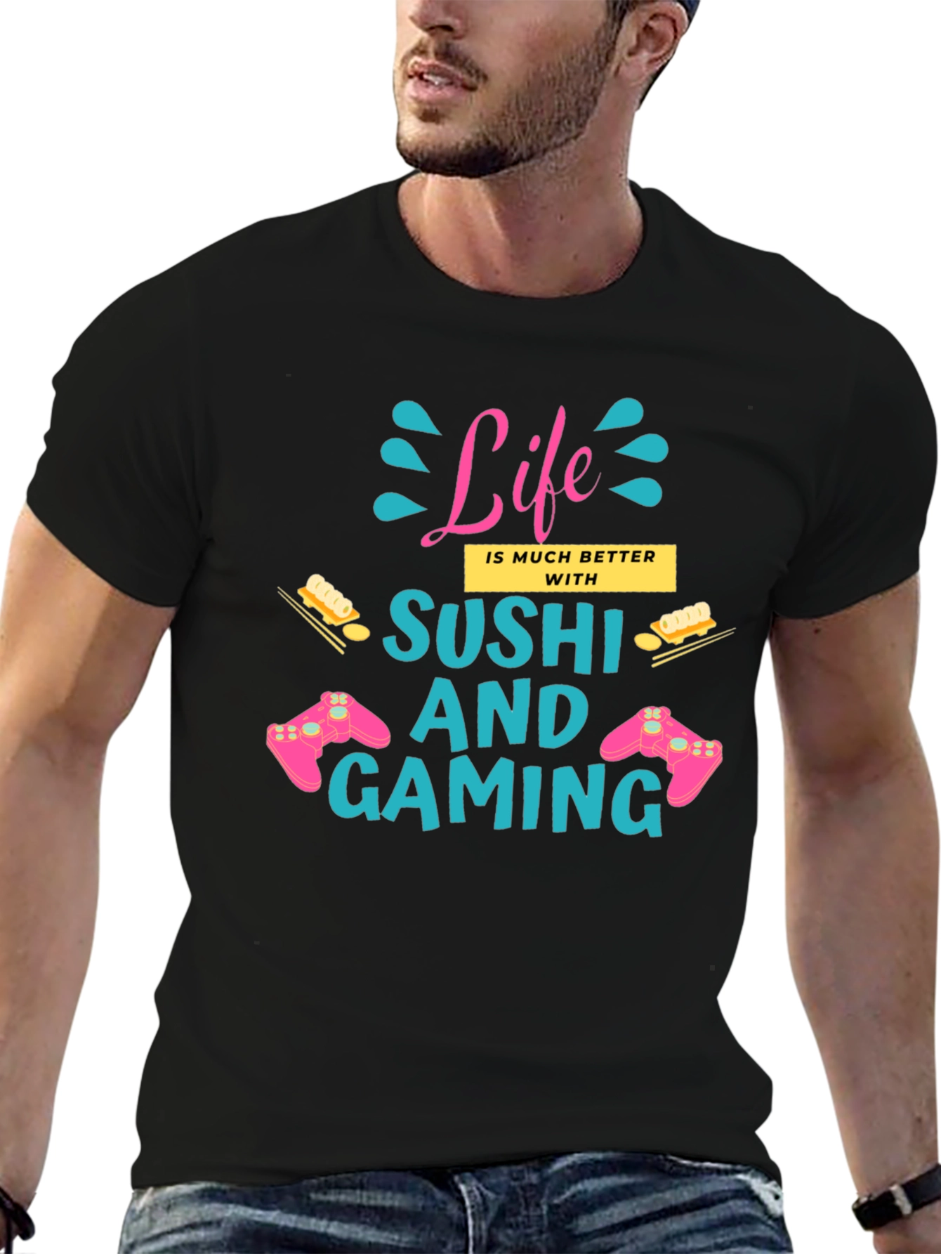 Black Life Better with Sushi and Gaming Black T-Shirt view 6