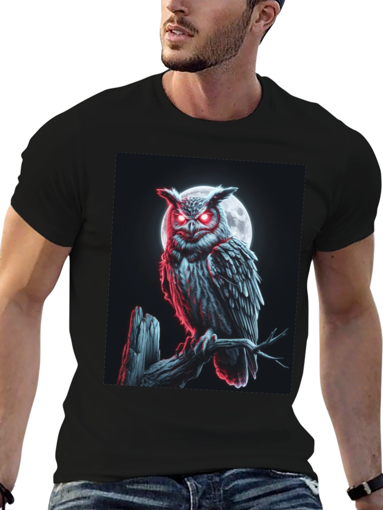 Black Men's Owl Graphic T-Shirt - Moonlit Perch Design view 6