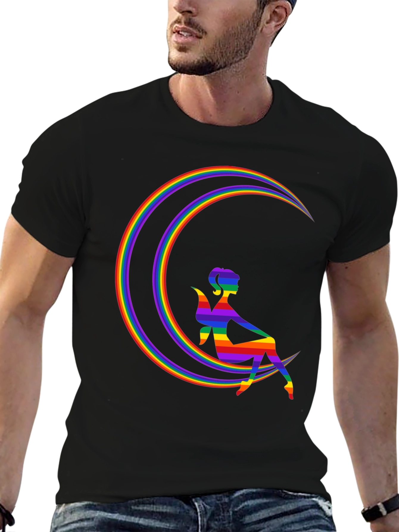 Black Rainbow Fairy on Moon Graphic Tee view 6