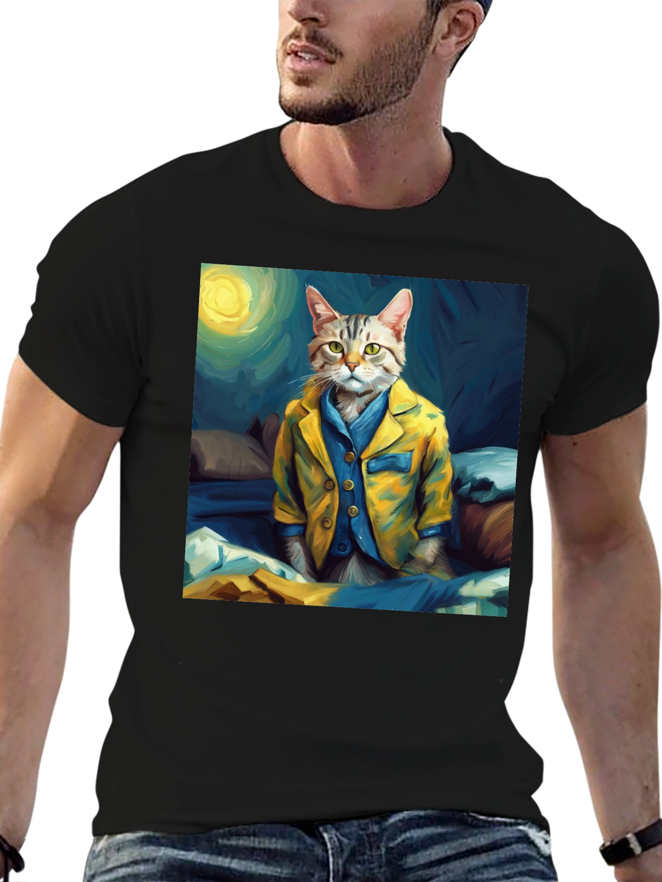 Black Cat in Pajamas T-Shirt - Artistic Animal Tee view 6