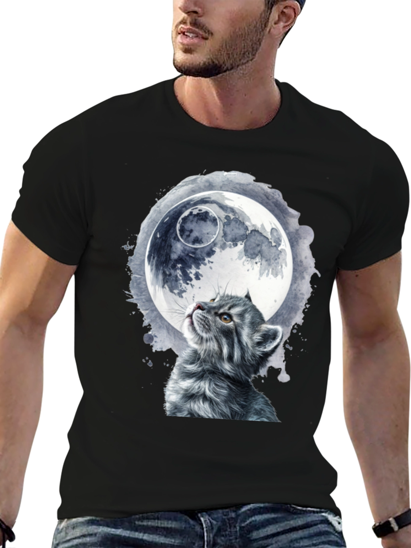 Black Cat & Moon Graphic T-Shirt - Unique Black Tee view 6