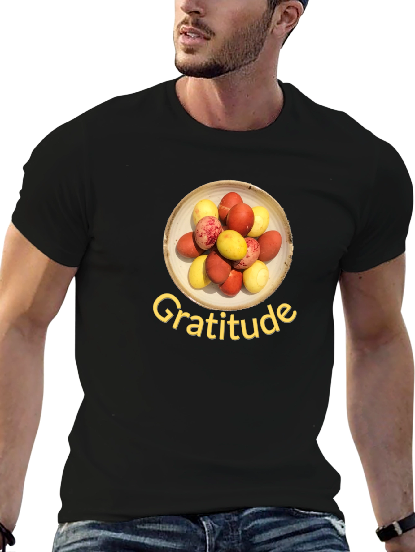 Black Gratitude T-Shirt: Colorful Egg Design, Soft Cotton Blend view 6