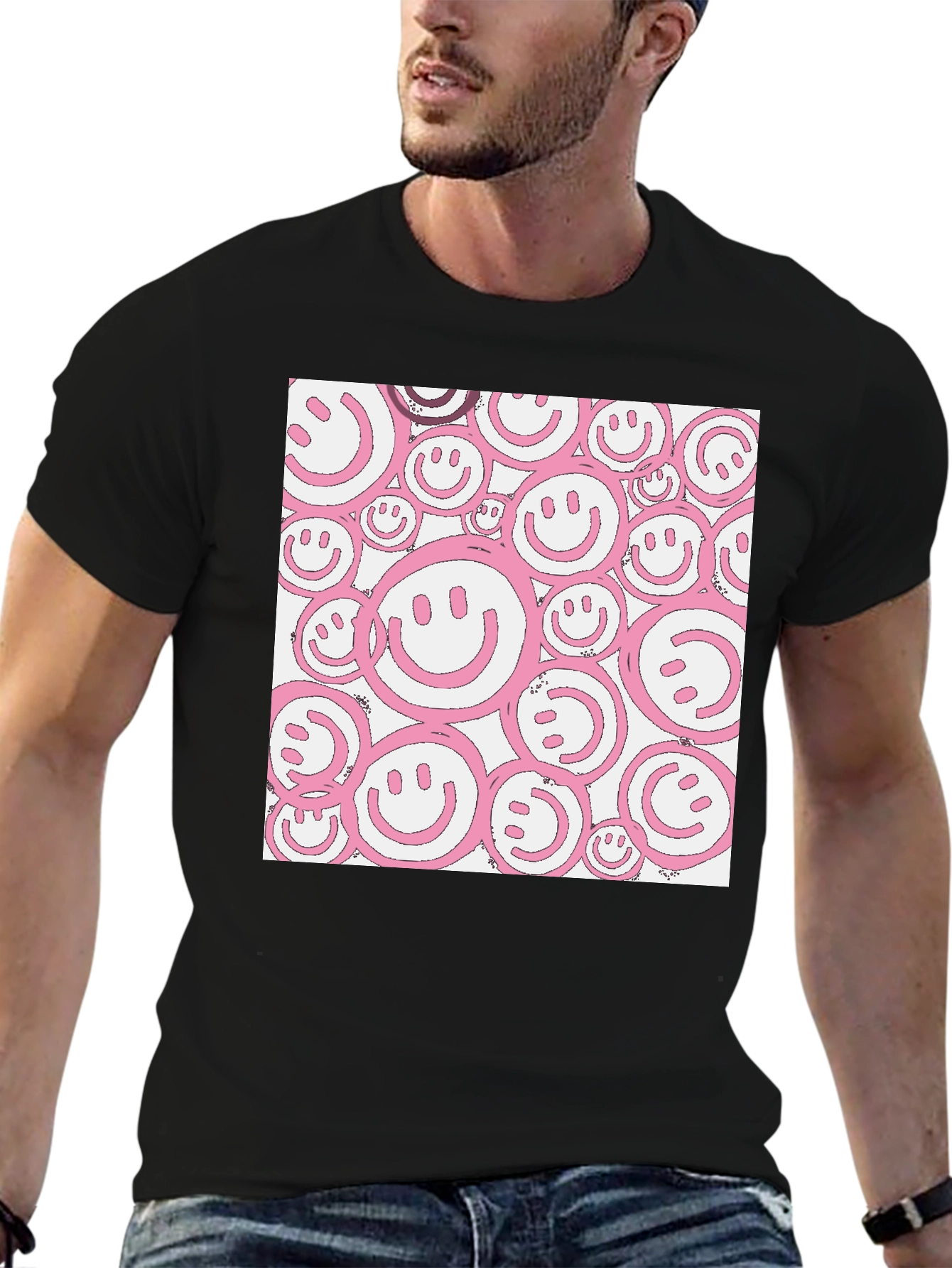 Black Pink Smiley Face Graphic Black T-Shirt view 6