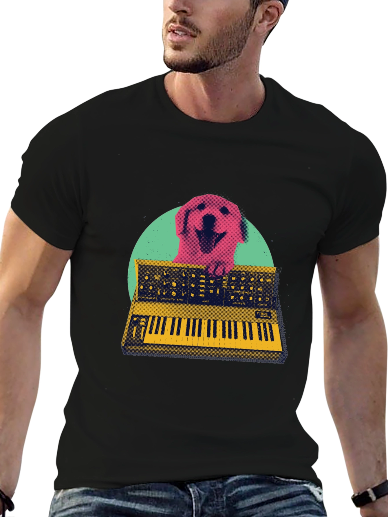 Black Retro Dog Synthesizer T-Shirt - Music Lover Tee view 6