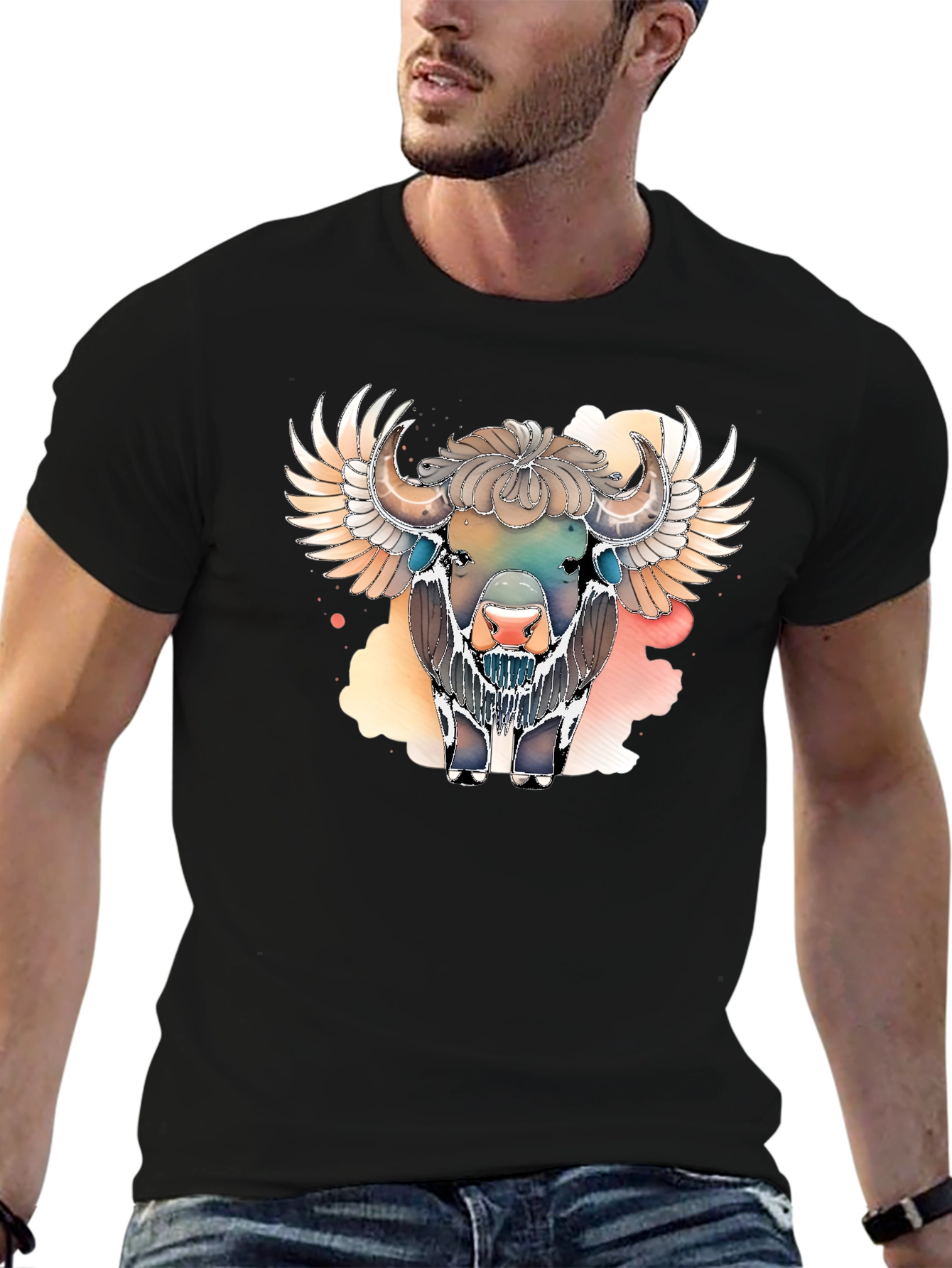 Black Winged Bison Graphic Tee - Black Cotton Blend view 6