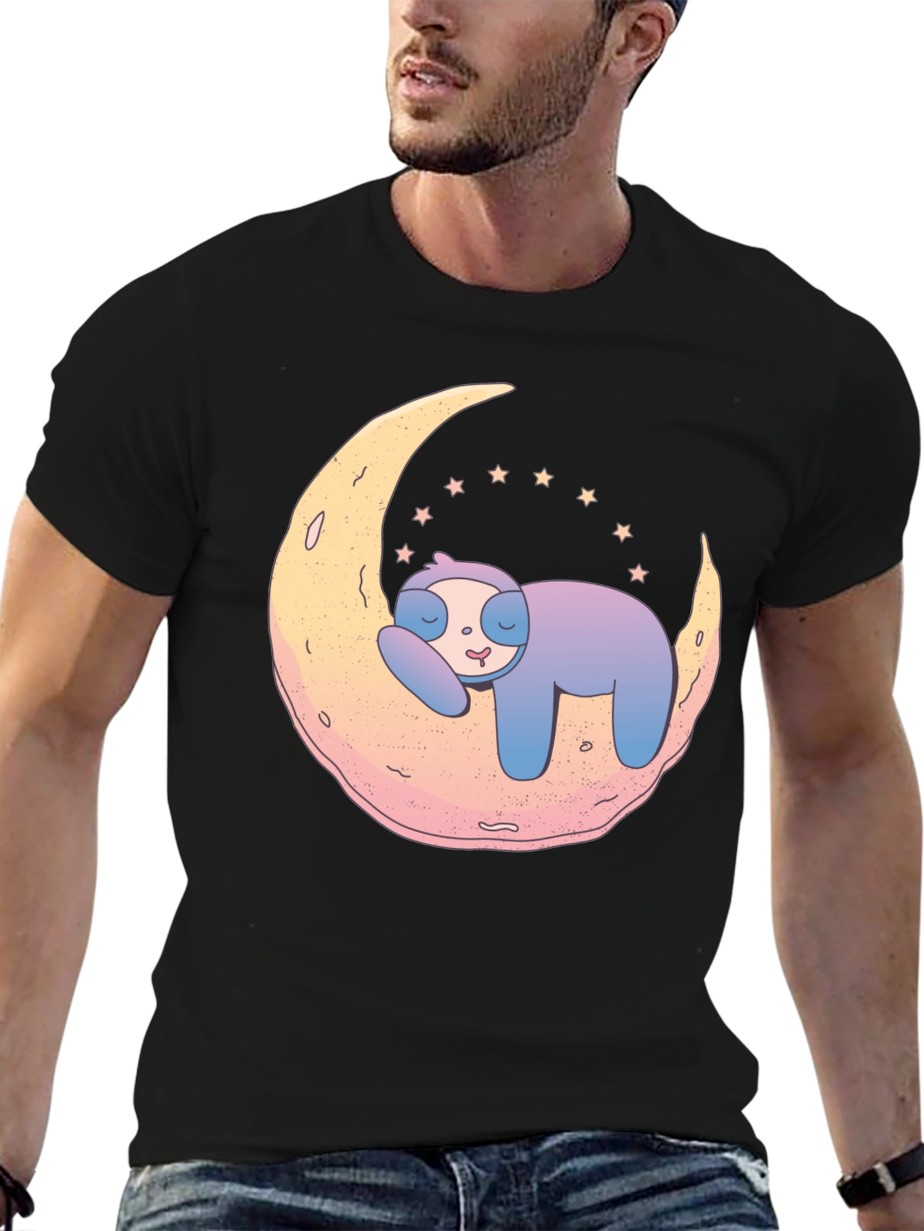 Black Dreamy Sloth on Moon Graphic Tee - Black view 6