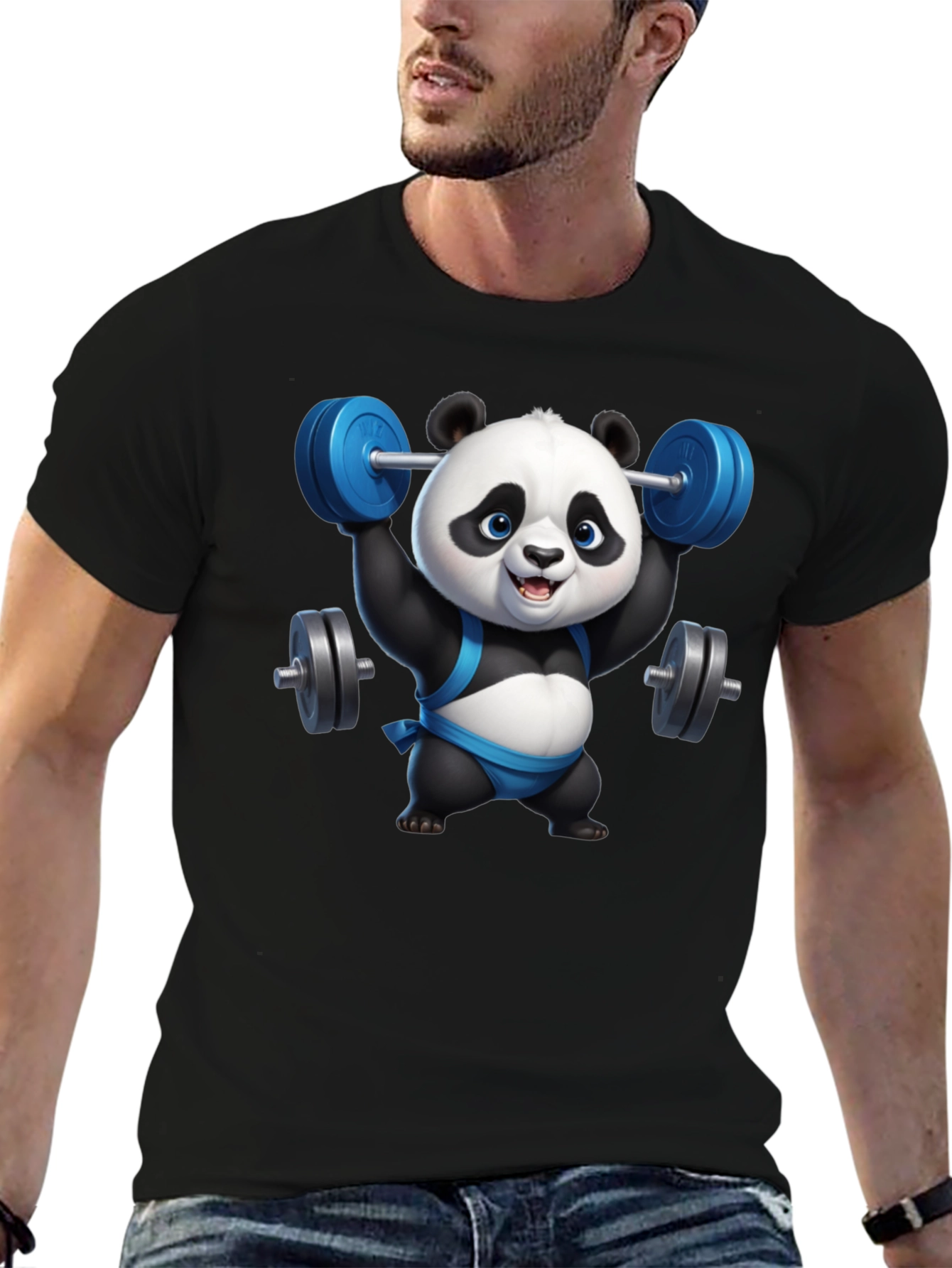 Black Funny Panda Lifting Weights Black T-Shirt view 6