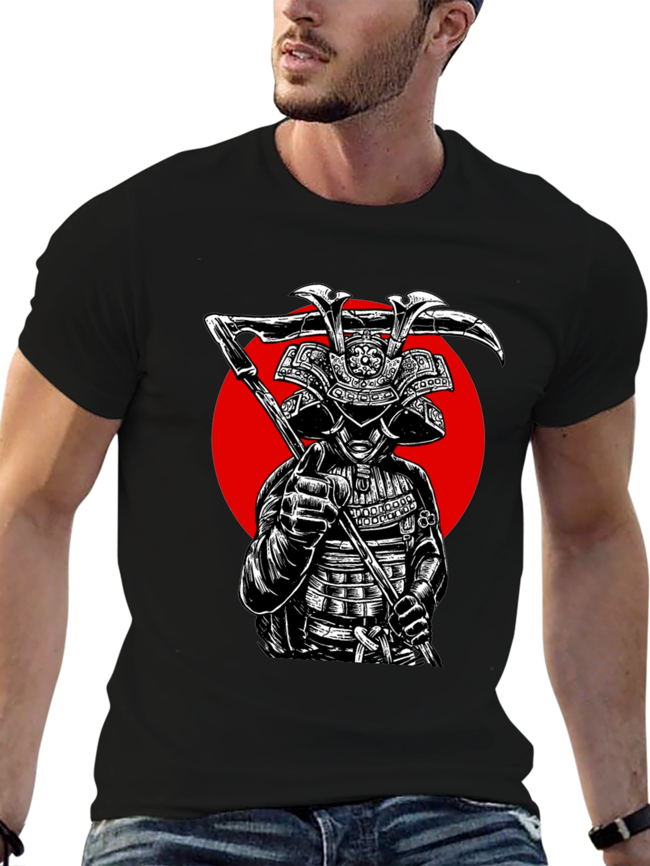 Black Samurai Warrior Graphic Tee - Black Cotton T-Shirt view 6