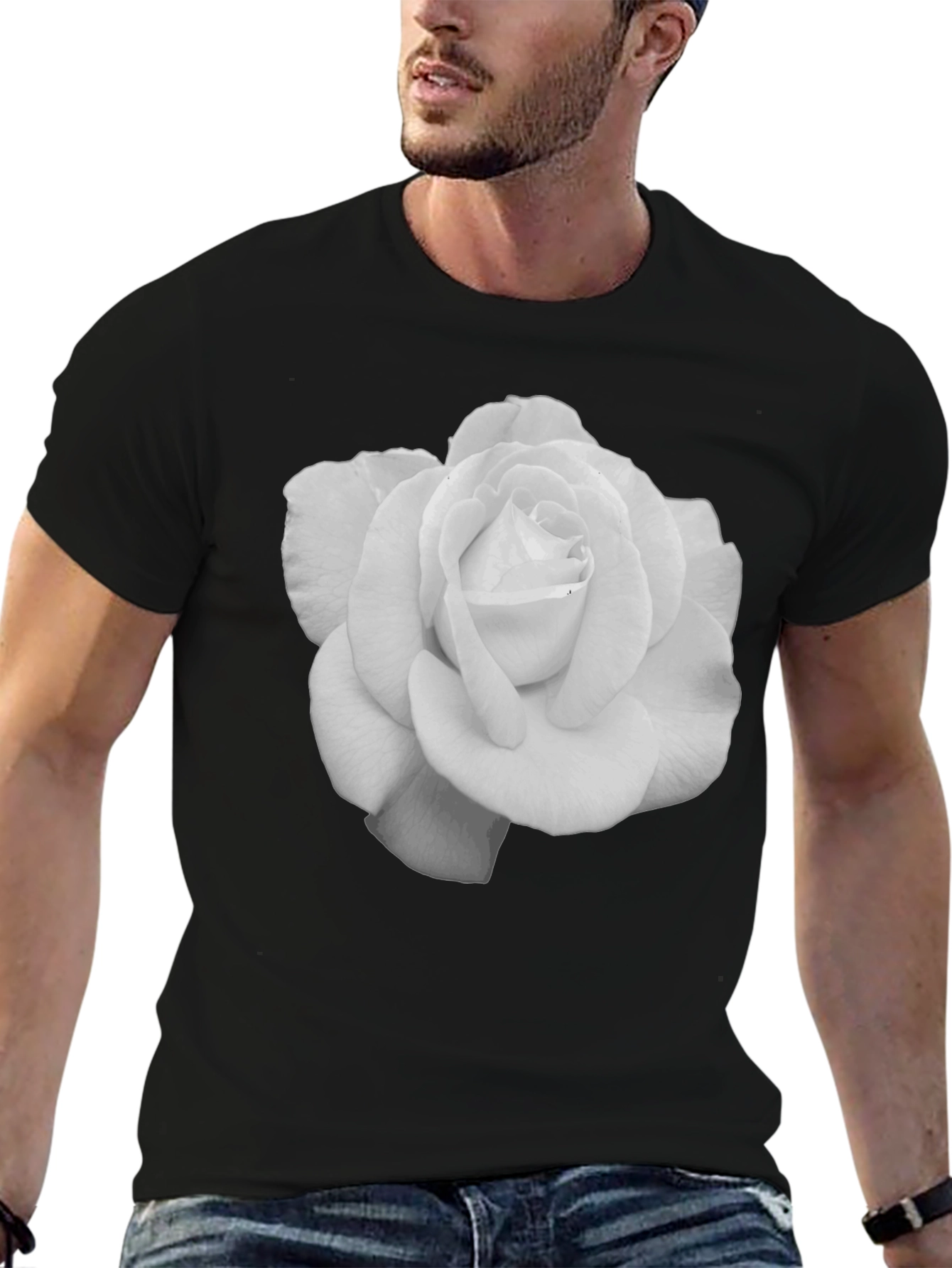 Black Elegant Rose Graphic Tee - Black Cotton T-Shirt view 6