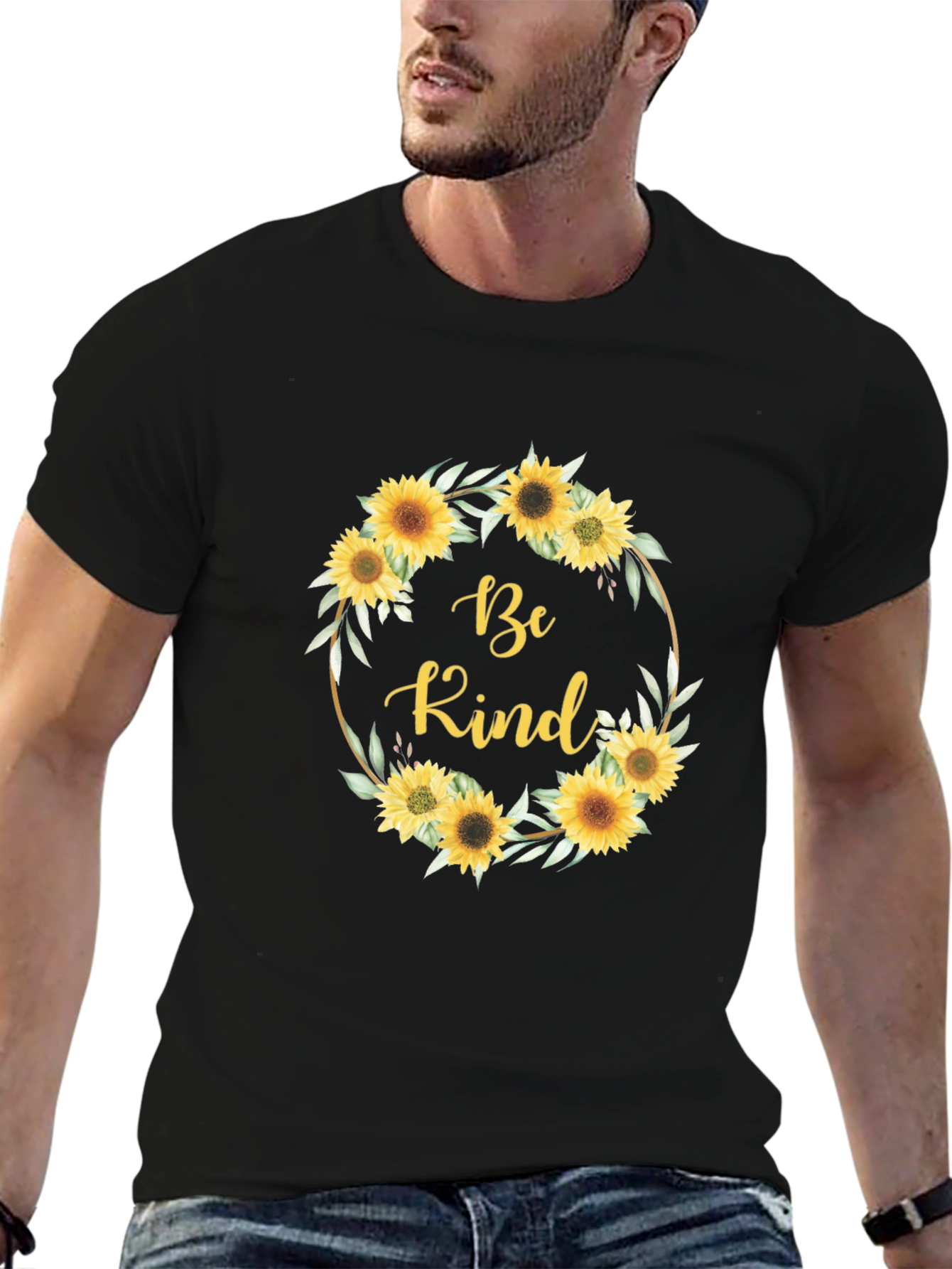 Black Be Kind Sunflower Wreath Graphic T-Shirt view 6