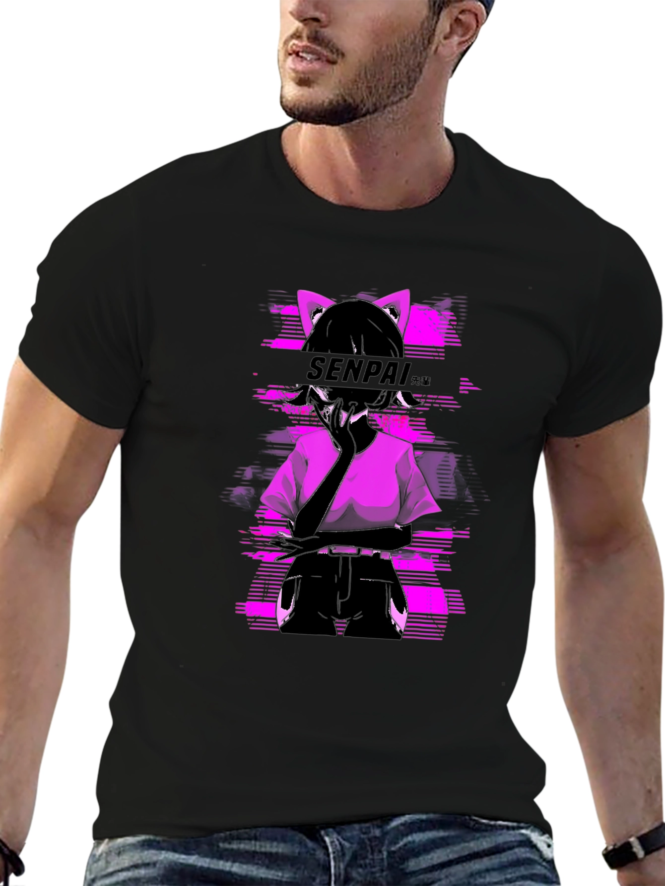 Black Senpai Anime Girl Graphic Tee - Black Cotton T-Shirt view 6