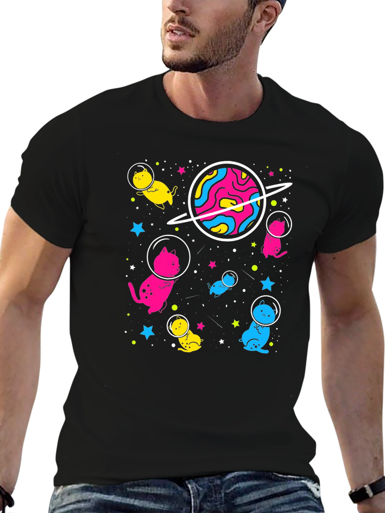 Black Space Cat T-Shirt - Funky Cosmic Design view 6