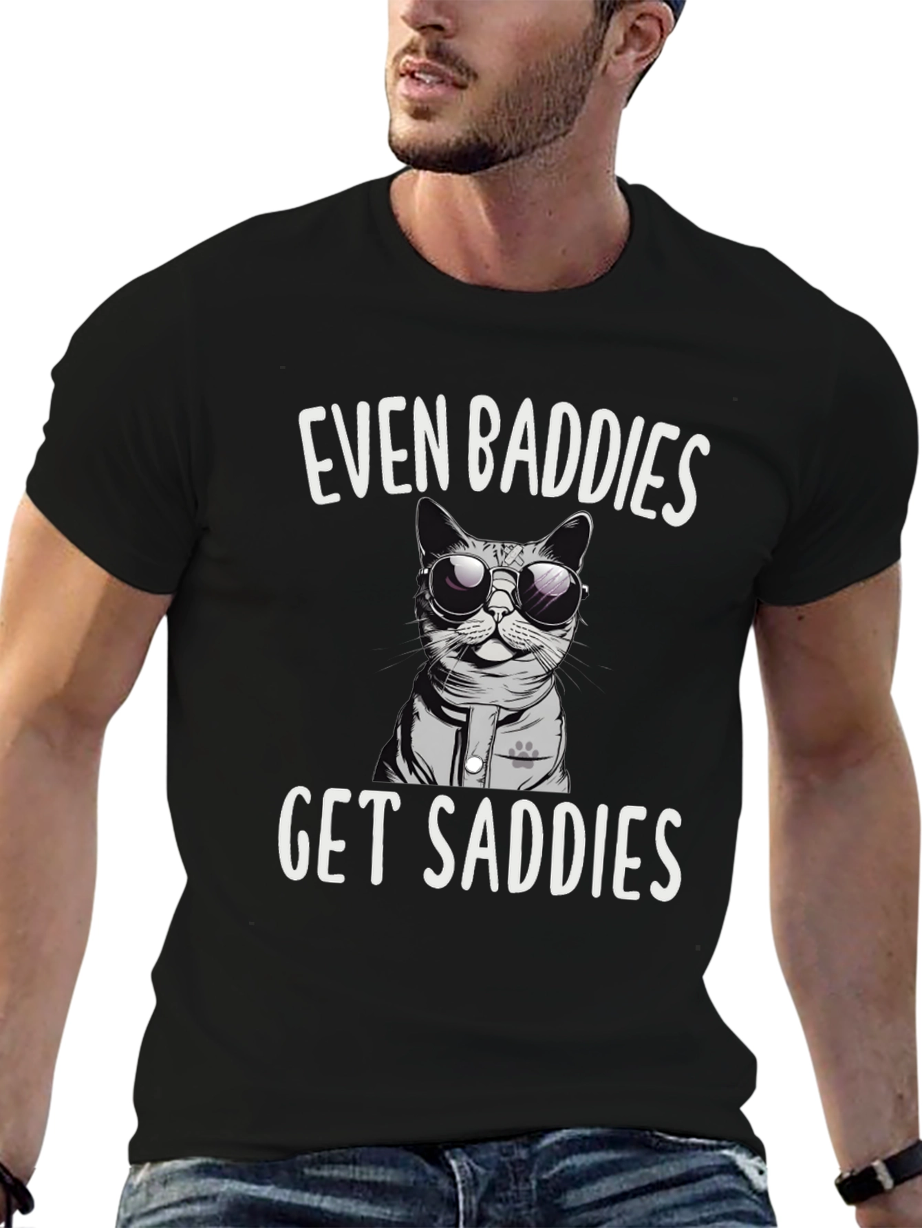 Black Even Baddies Get Saddies T-Shirt Funny Cat Tee view 6