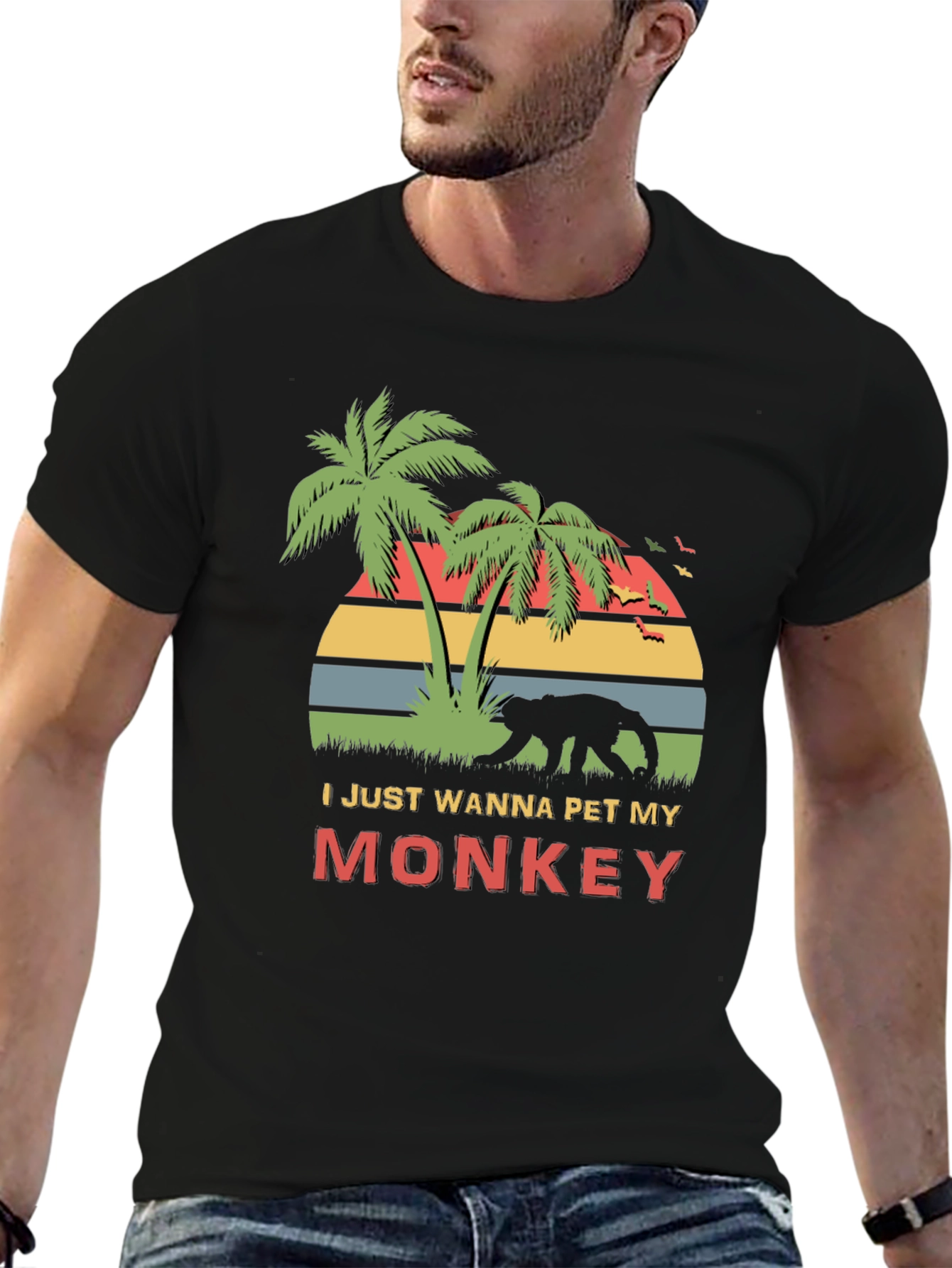 Black Funny Monkey Lover T-Shirt - I Just Wanna Pet My Monkey view 6