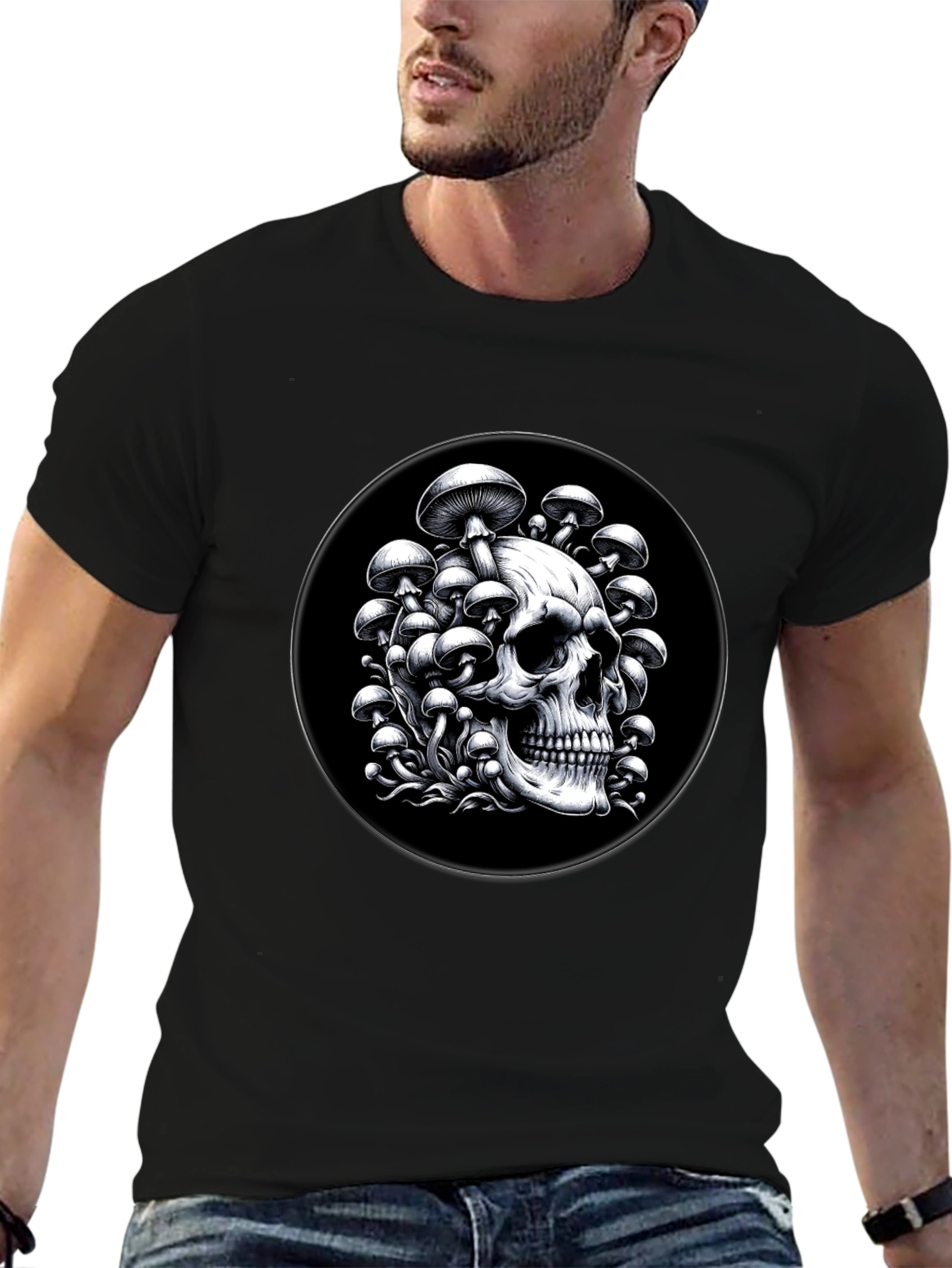 Black Skull & Mushroom Graphic Tee - Black view 6