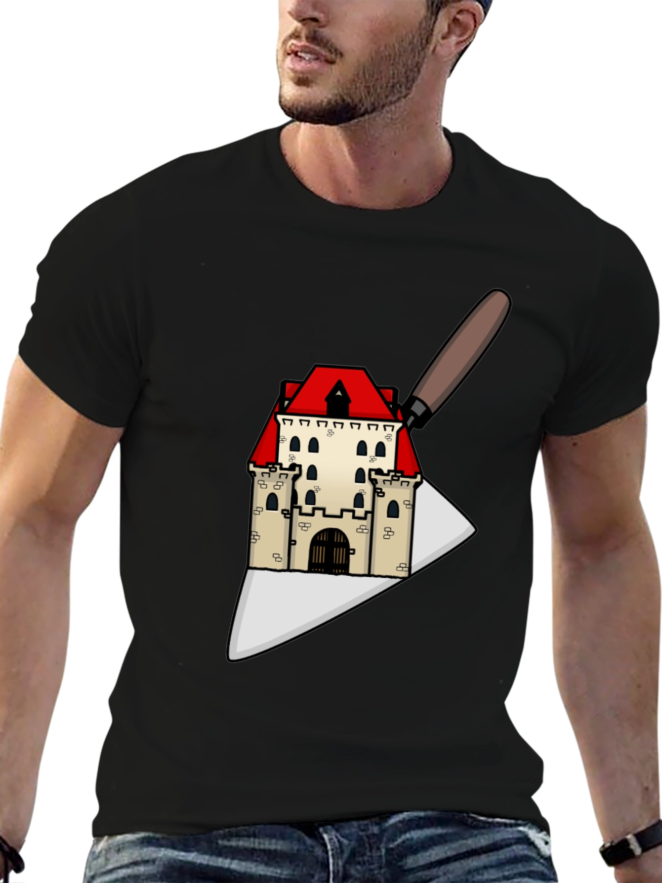 Black Architect T-Shirt: Castle on Trowel Design view 6