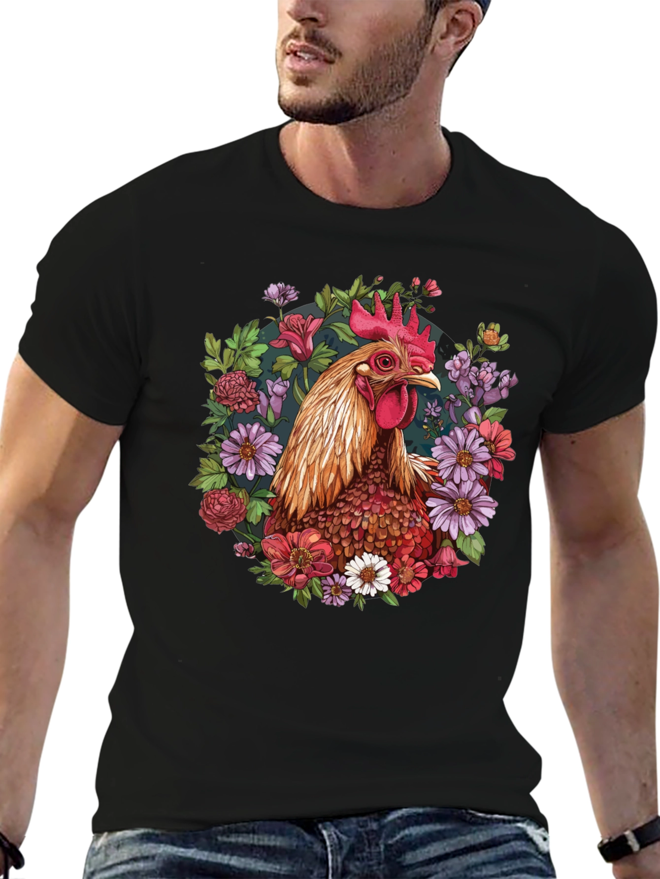 Black Rooster Floral T-Shirt - Unique Graphic Tee view 6