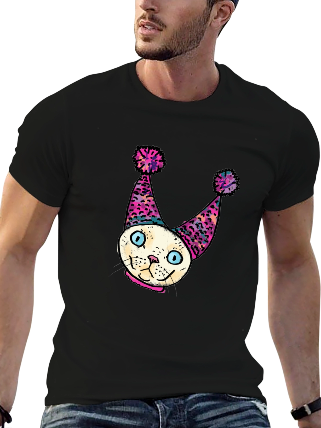 Black Whimsical Cat Clown T-Shirt - Unique Graphic Tee view 6