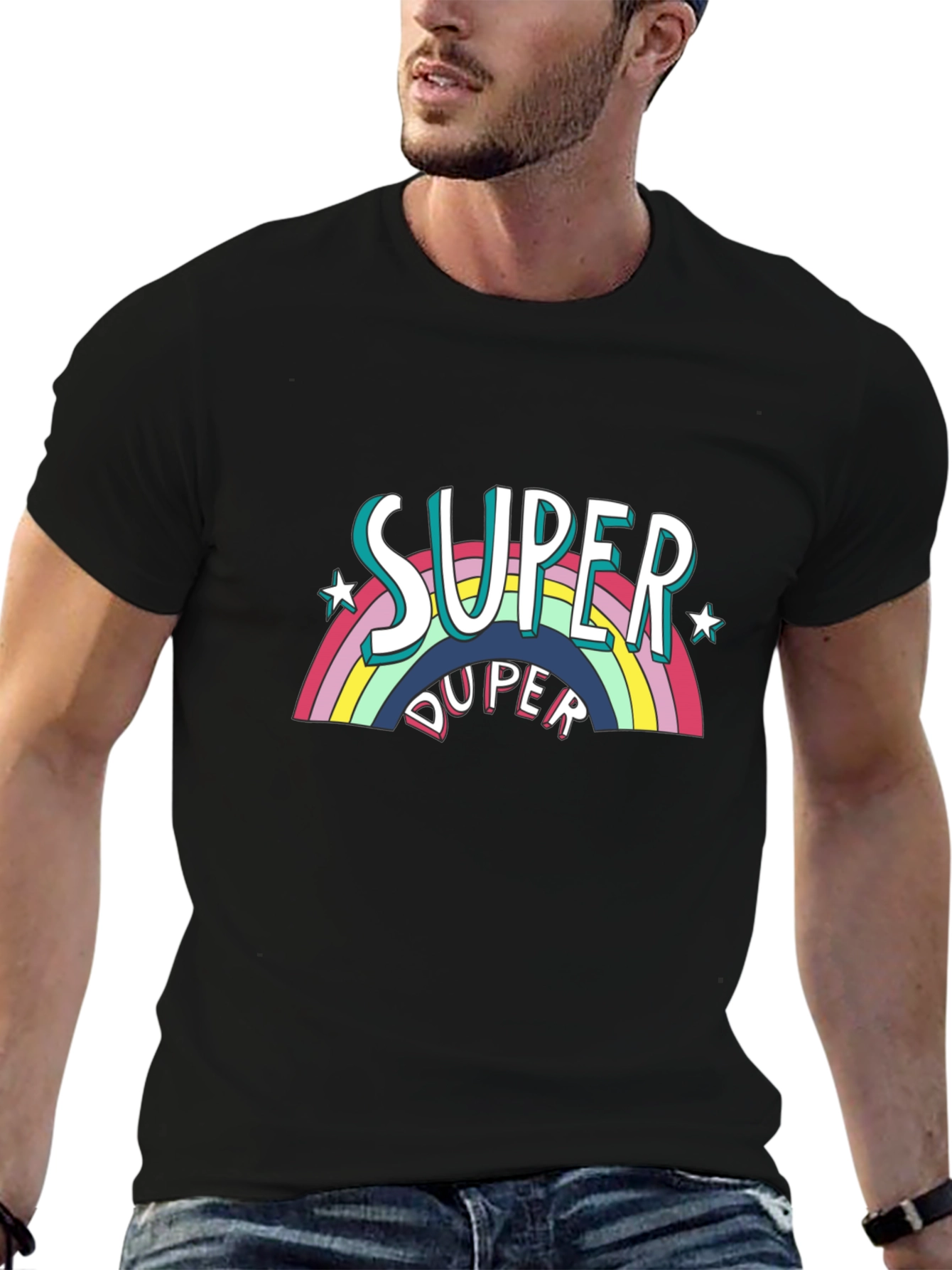 Black Super Duper Rainbow Graphic Tee - Black Cotton Casual T-Shirt view 6
