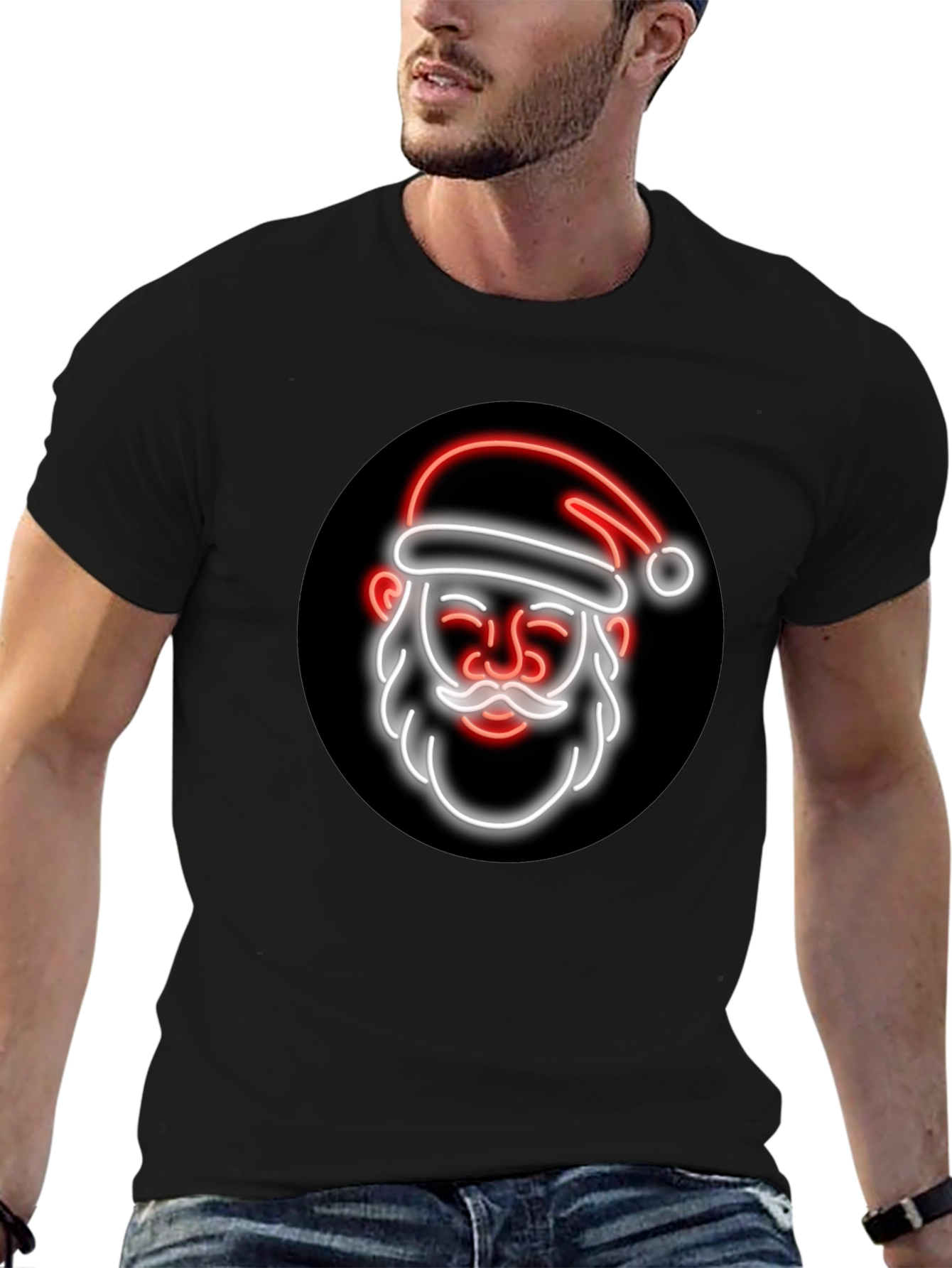 Black Neon Santa Graphic Tee - Black Holiday T-Shirt view 6