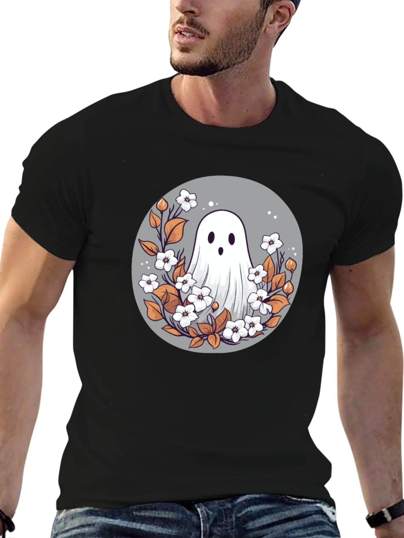 Black Ghostly Floral T-Shirt - Spooky Cute Design view 6