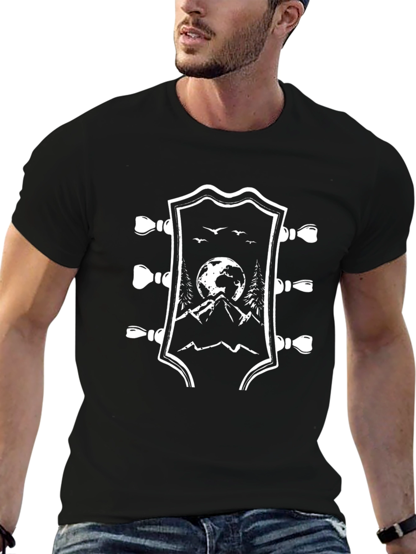 Black Guitar Headstock Mountain Scene Black T-Shirt view 6