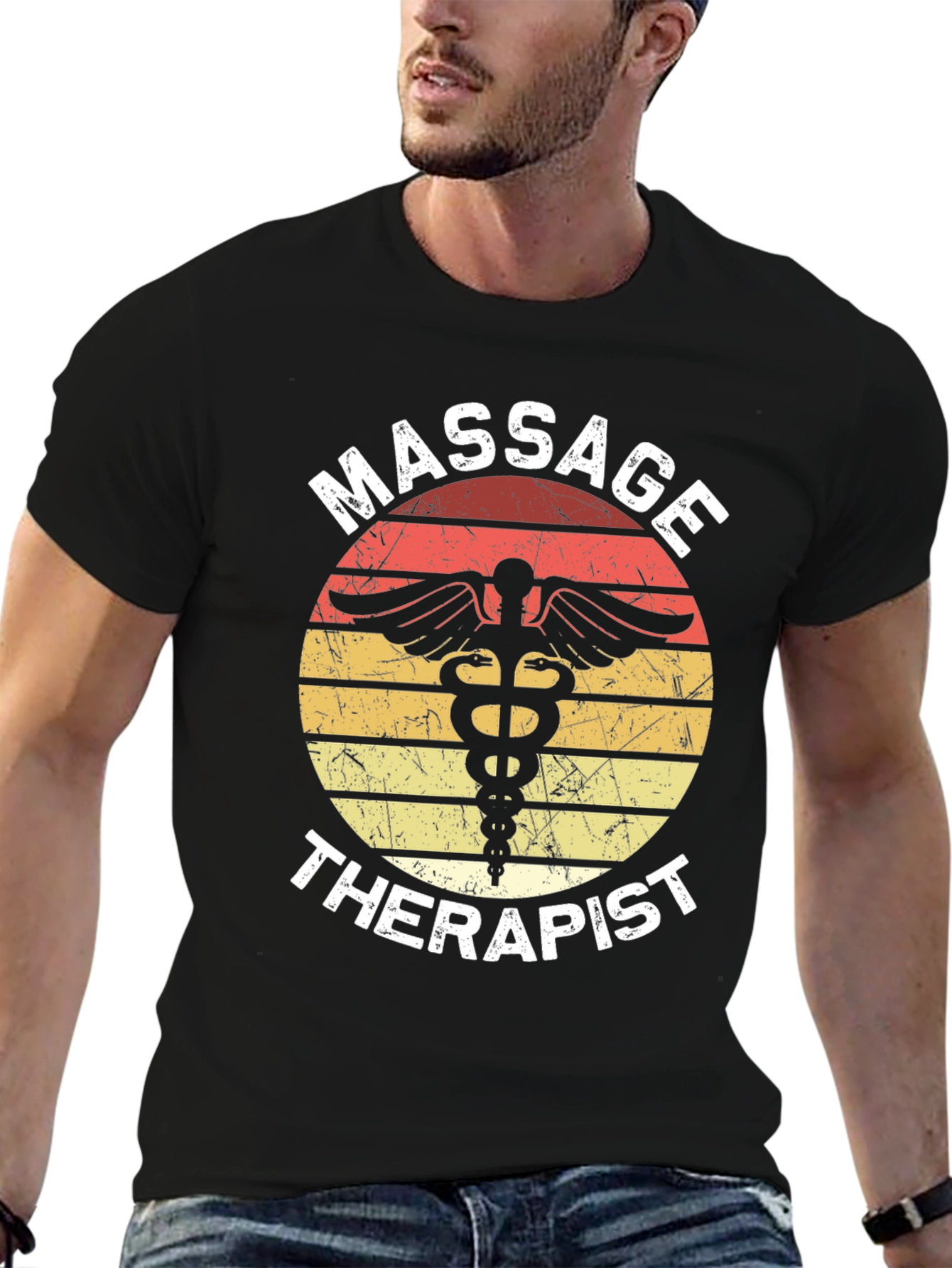 Black Massage Therapist T-Shirt Retro Style Black Tee view 6