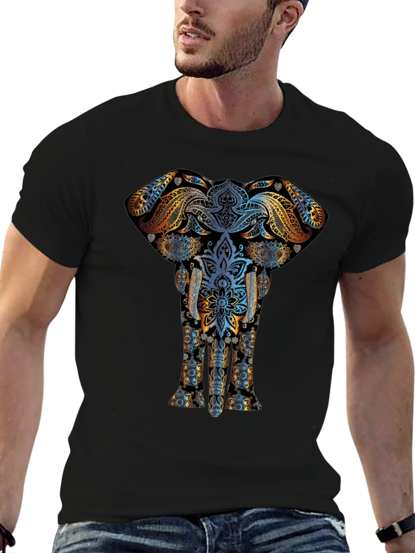 Black Elephant Mandala Graphic Print Men's Black T-Shirt view 6