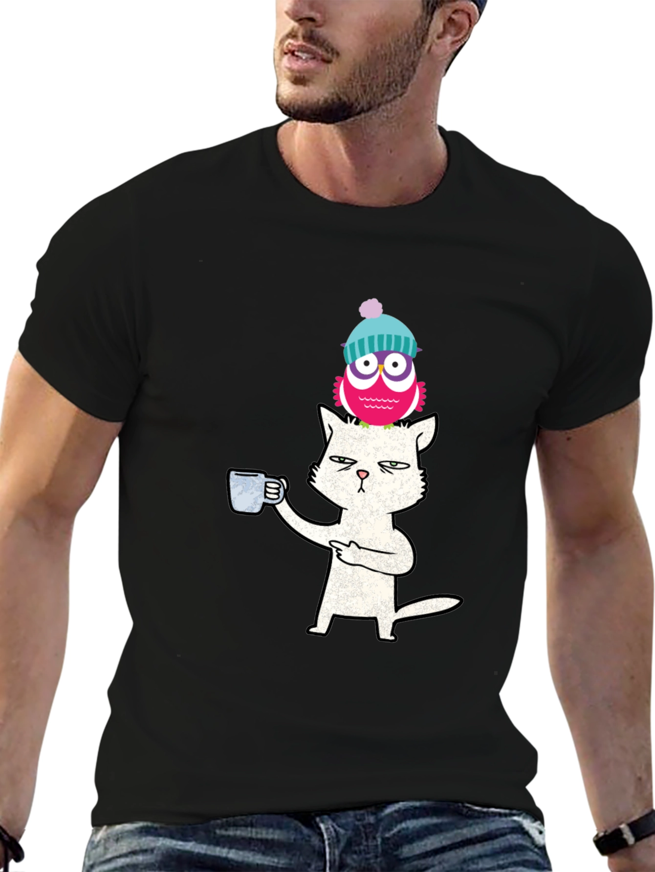 Black Cat With Coffee & Owl On Head T-Shirt view 6