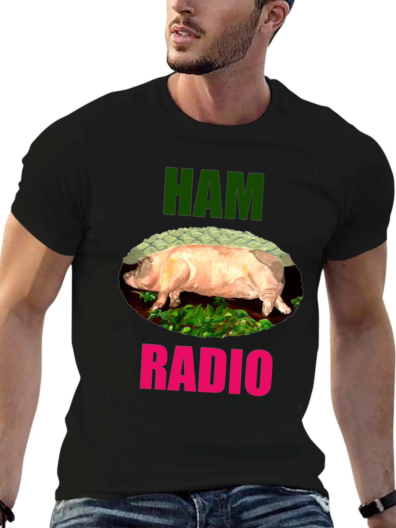 Black Ham Radio Funny Pig T-Shirt view 6