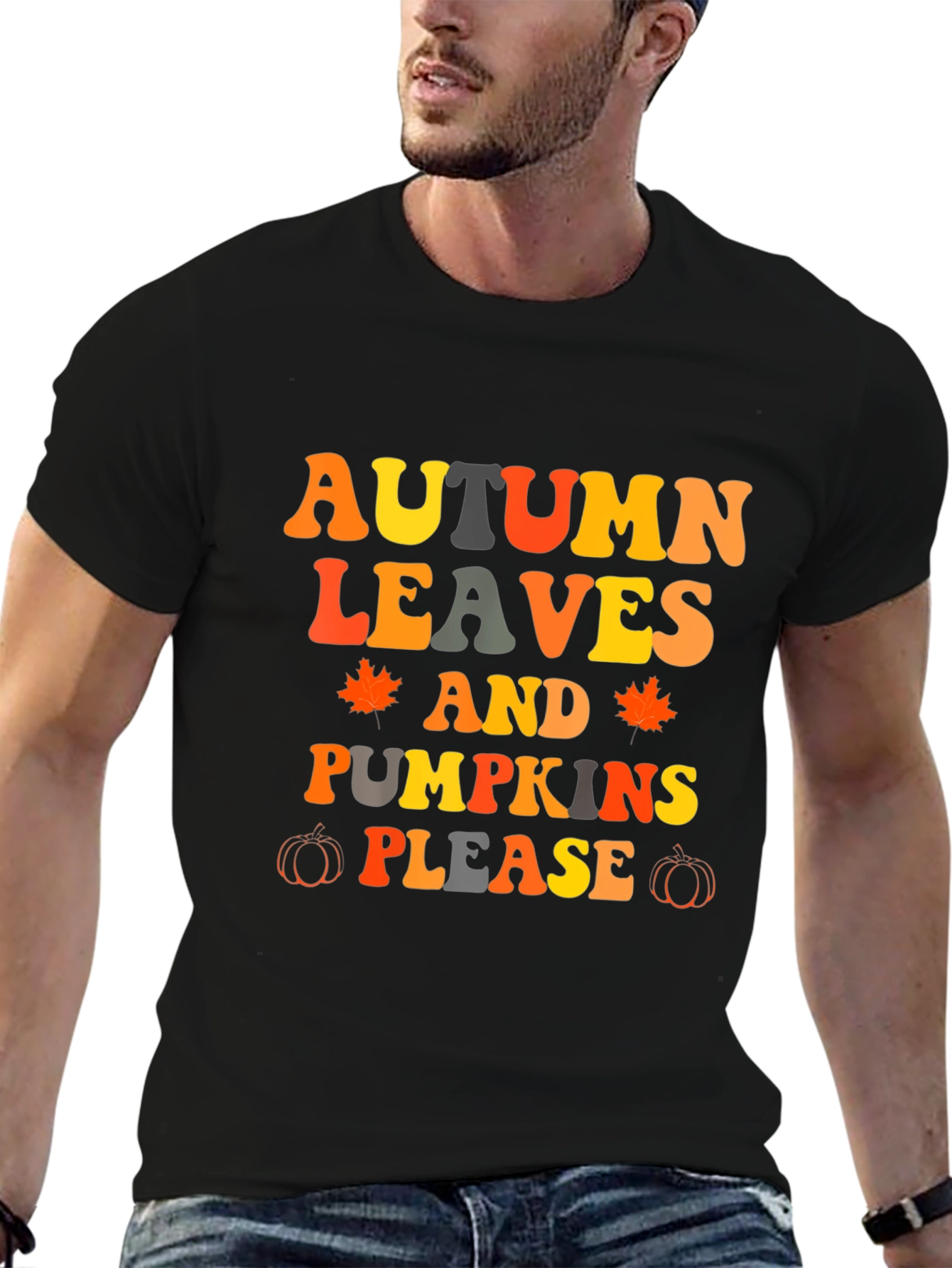 Black Autumn Leaves & Pumpkins Please T-Shirt view 6