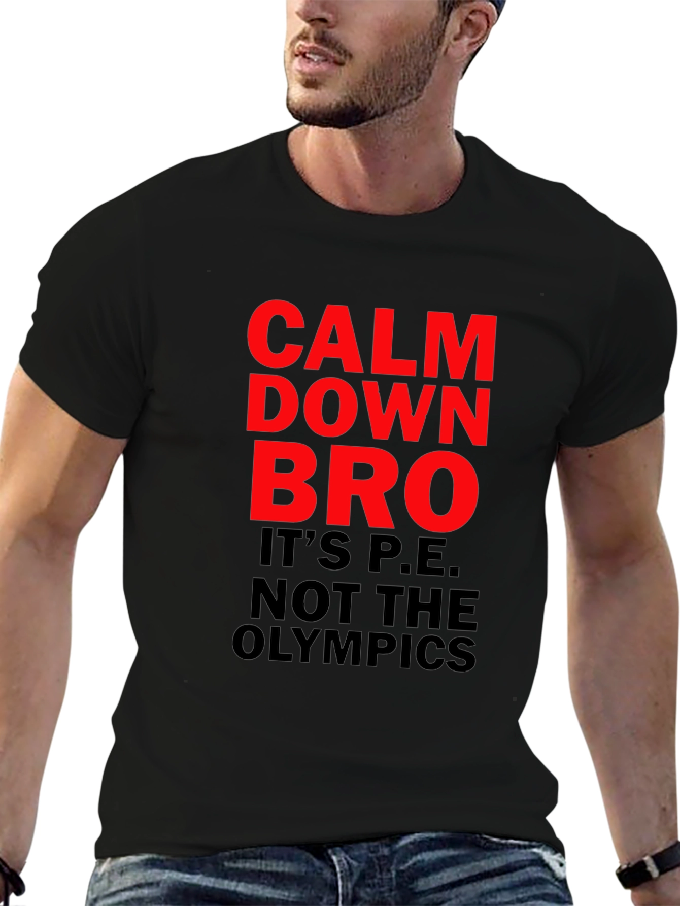 Black Calm Down Bro T-Shirt: Funny PE Teacher Tee view 6