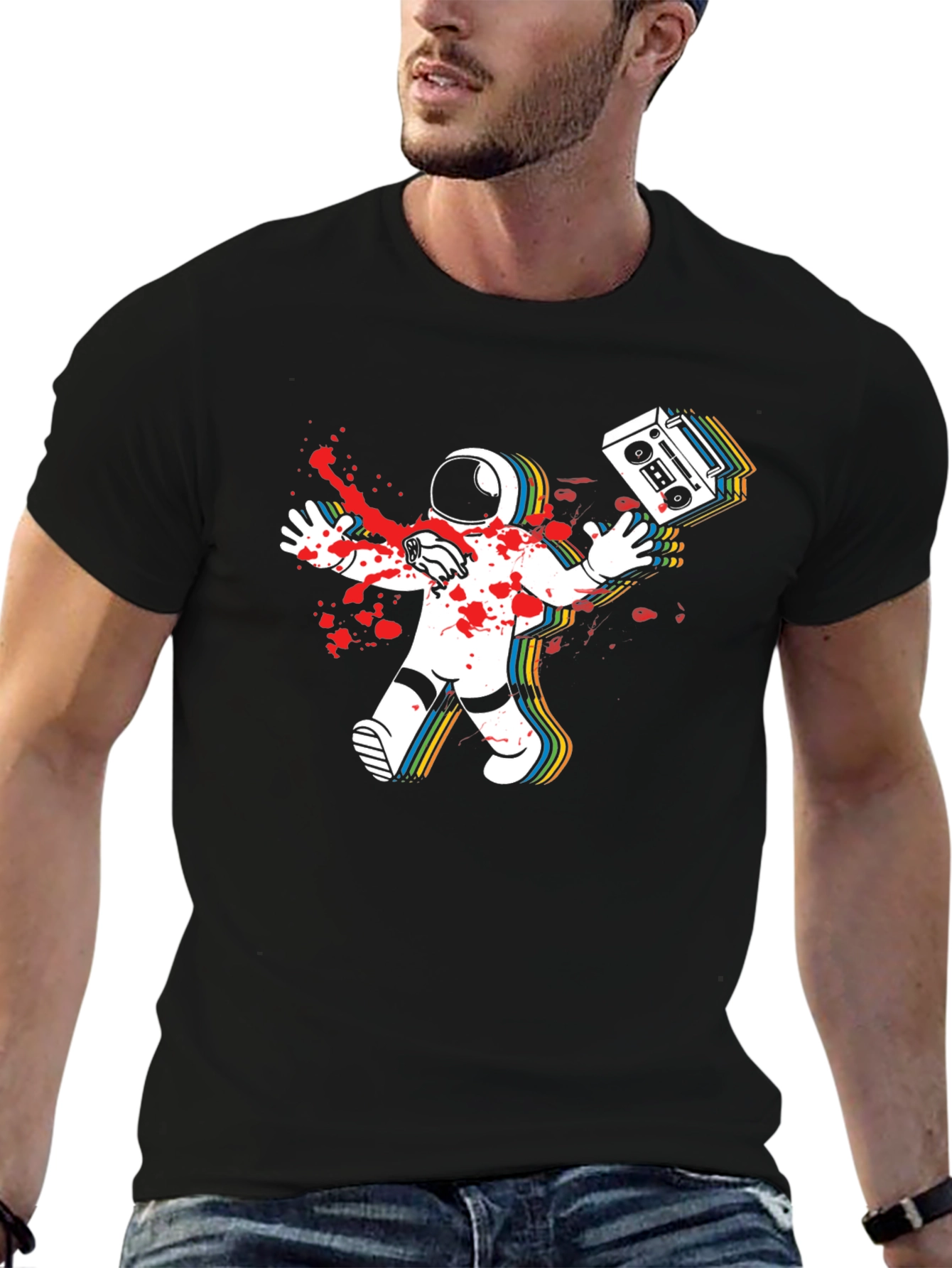 Black Astronaut Boombox Men's Black T-Shirt view 6