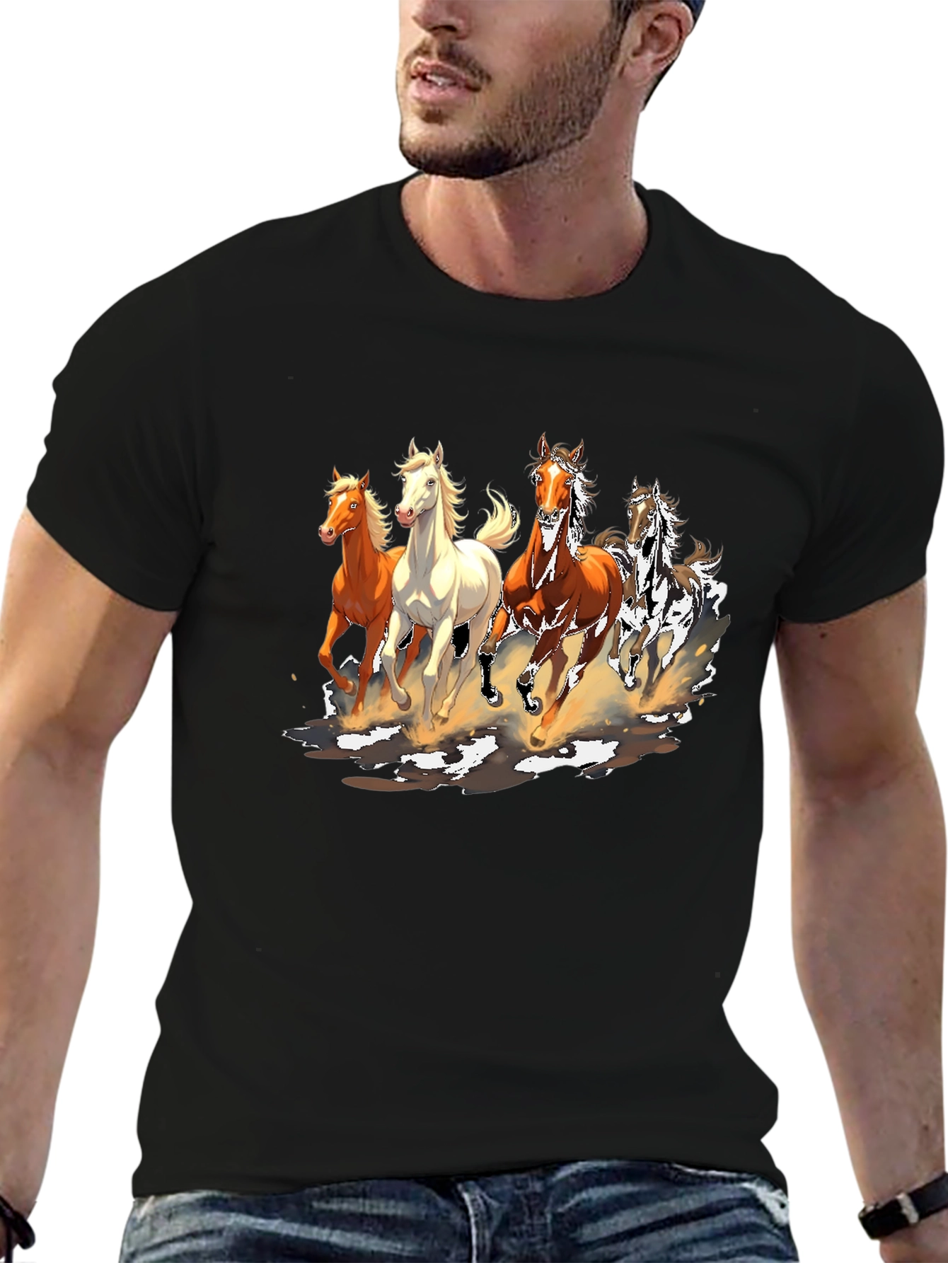 Black Horse Print Crew Neck T-Shirt view 6