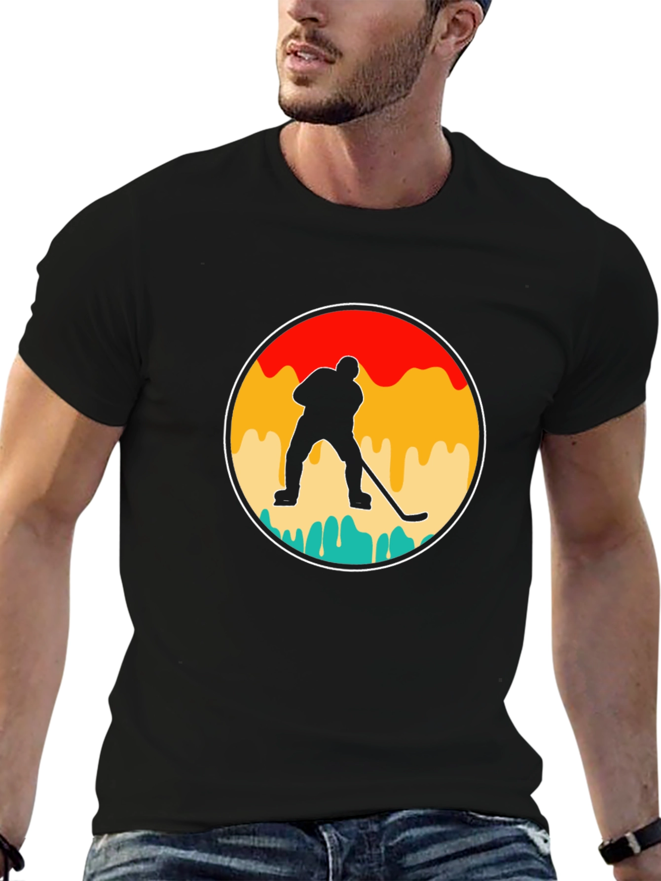 Black Retro Hockey Player Graphic T-Shirt view 6
