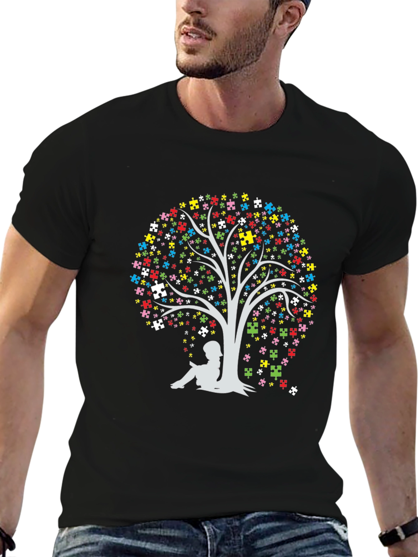Black Autism Awareness Puzzle Tree T-Shirt view 6